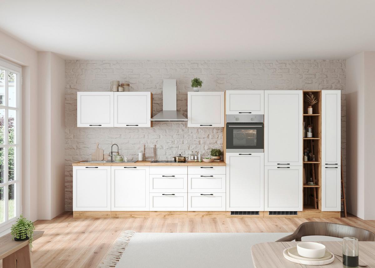 Küchenzeile Meran ohne Geräte ca. 420 cm Weiß/Eiche Dekor - Eiche Wotan/Schwarz, LIFESTYLE, Holzwerkstoff/Metall (420cm) - Held