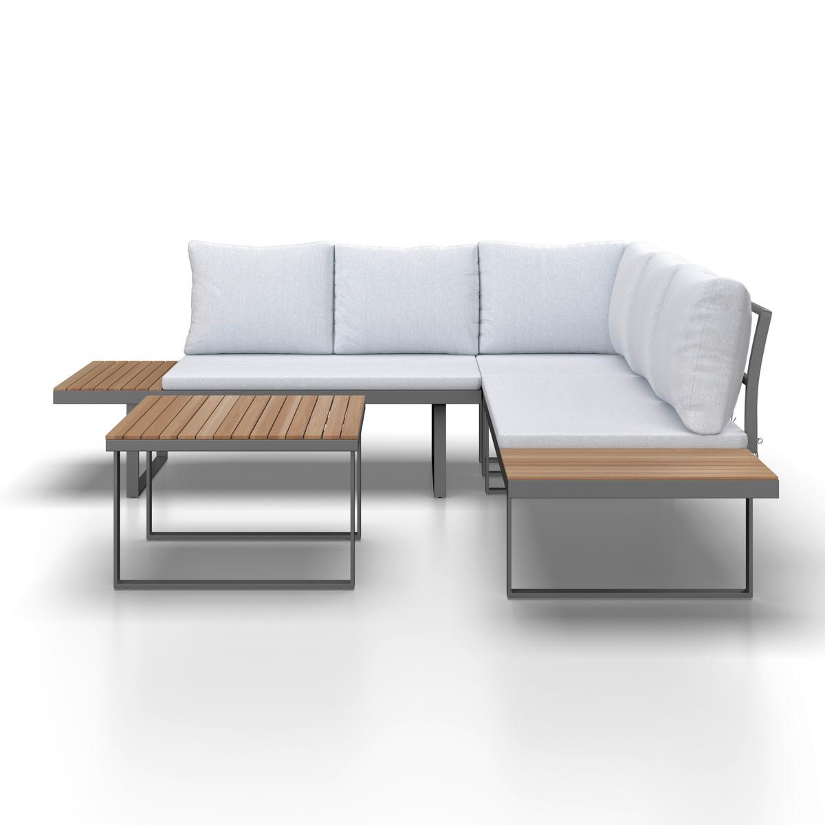 Loungegarnitur Elia Grau Outdoorstoff/Metall/Holz - Hellgrau, MODERN, Holz/Textil (236,5/75/236,5cm) - Bessagi Garden