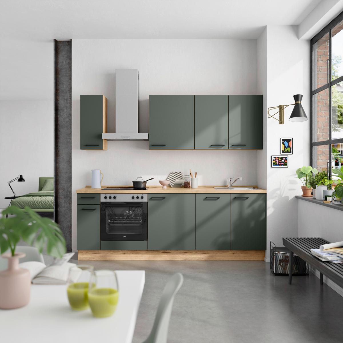 Küchenblock Easytouch m. Geräten Dunkelgrün - Dunkelgrün/Eichefarben, MODERN, Holzwerkstoff/Metall (240cm) - Nobilia