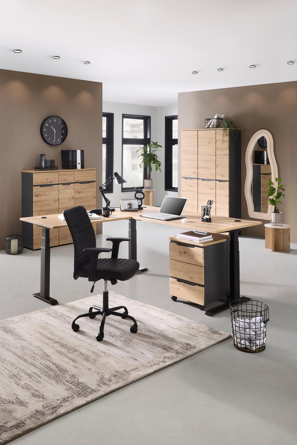 Eckschreibtisch Memphis In Eiche Artisan/graphitfarben - Graphitfarben/Eiche Artisan, Modern, Holzwerkstoff/Metall (185/77/64-129cm) - Premium Living