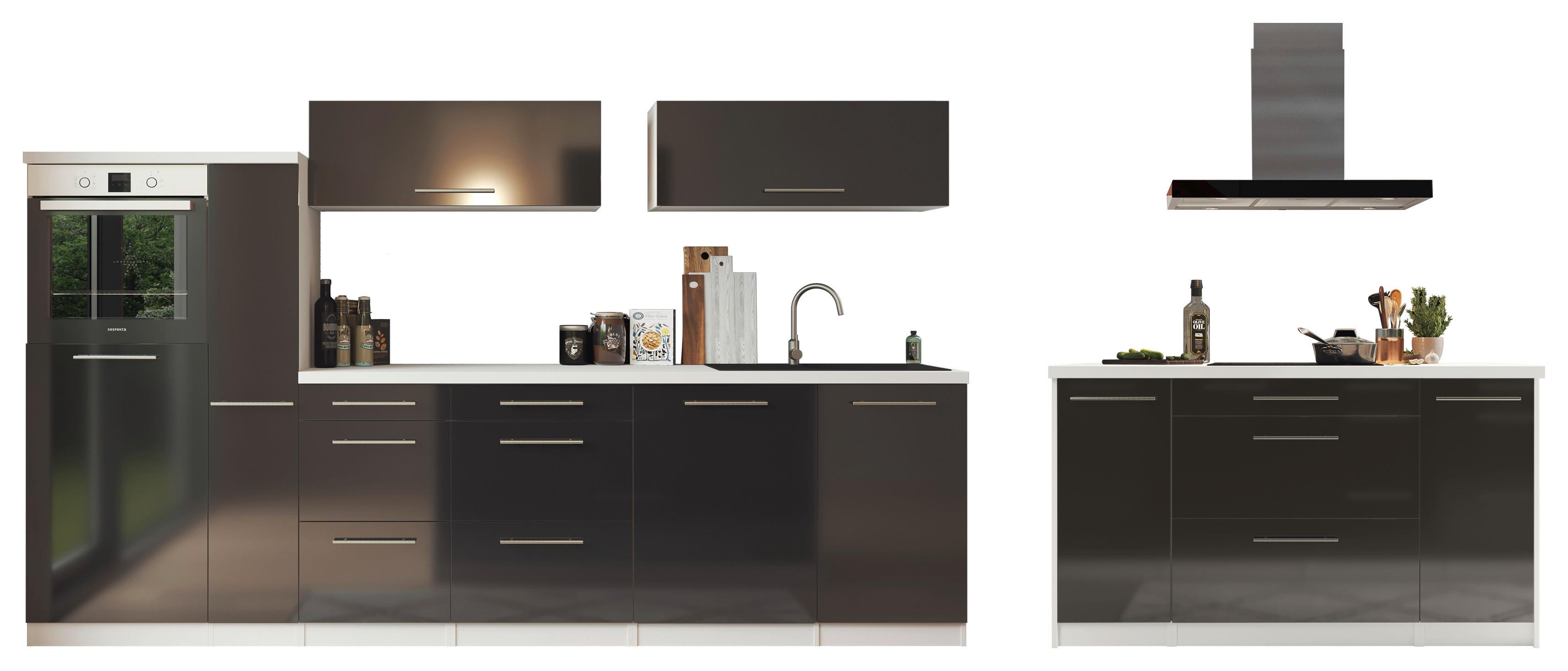 Inselküche Premium Schwarz m. Geräten B: ca. 310 cm - Schwarz Hochglanz/Alufarben, MODERN, Naturmaterialien/Holzwerkstoff (310/160cm) - Respekta
