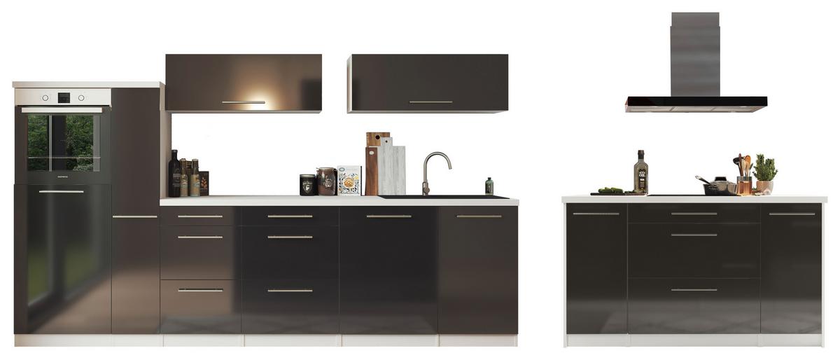 Inselküche Premium Schwarz m. Geräten B: ca. 310 cm - Schwarz Hochglanz/Alufarben, MODERN, Naturmaterialien/Holzwerkstoff (310/160cm) - Respekta