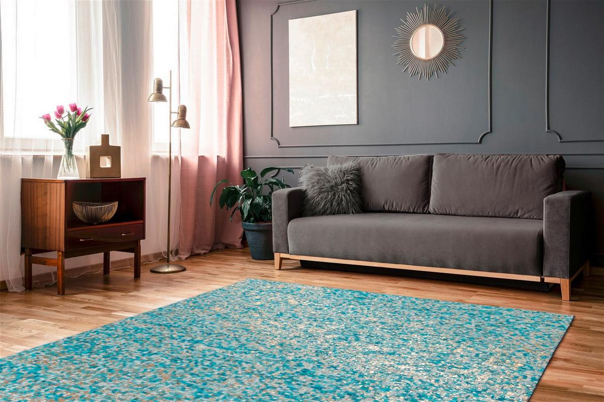 FLACHWEBETEPPICH FINISH 125 TÜRKIS / GOLD - Türkis/Goldfarben, Basics, Leder (160/230cm) - Kayoom