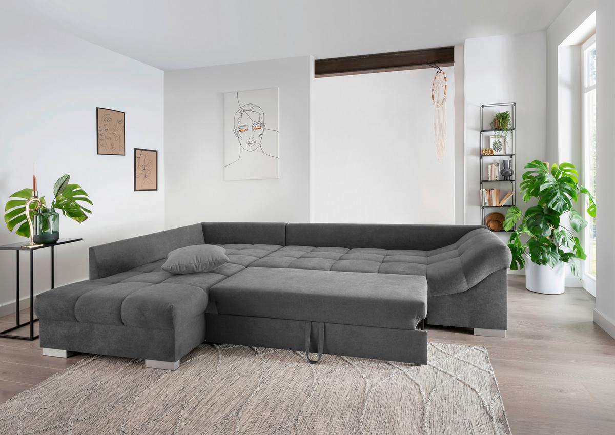Wohnlandschaft Alvito Dunkelgrau Nylon/Mikrofaser - Dunkelgrau/Silberfarben, Design, Holz/Textil (202/298cm) - MID.YOU