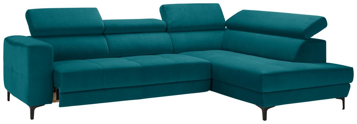 Ecksofa Emma rechts Petrol - Petrol/Schwarz, MODERN, Textil (301/210cm) - Premium Living