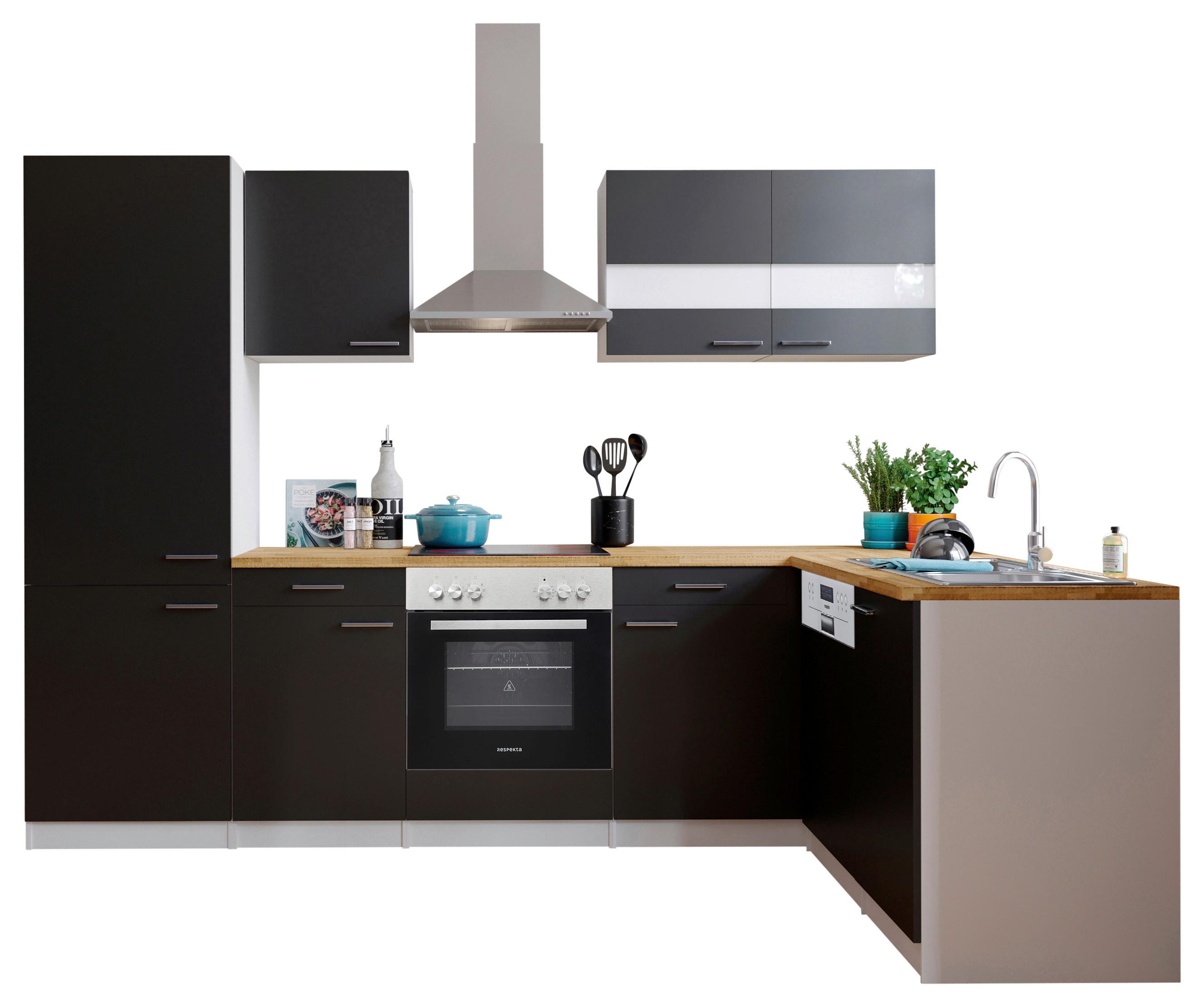 Eckküche Malia mit Geräten ca. 280x172 cm Schwarz - Edelstahlfarben/Nussbaumfarben, Basics, Holzwerkstoff/Metall (280/172cm) - Respekta