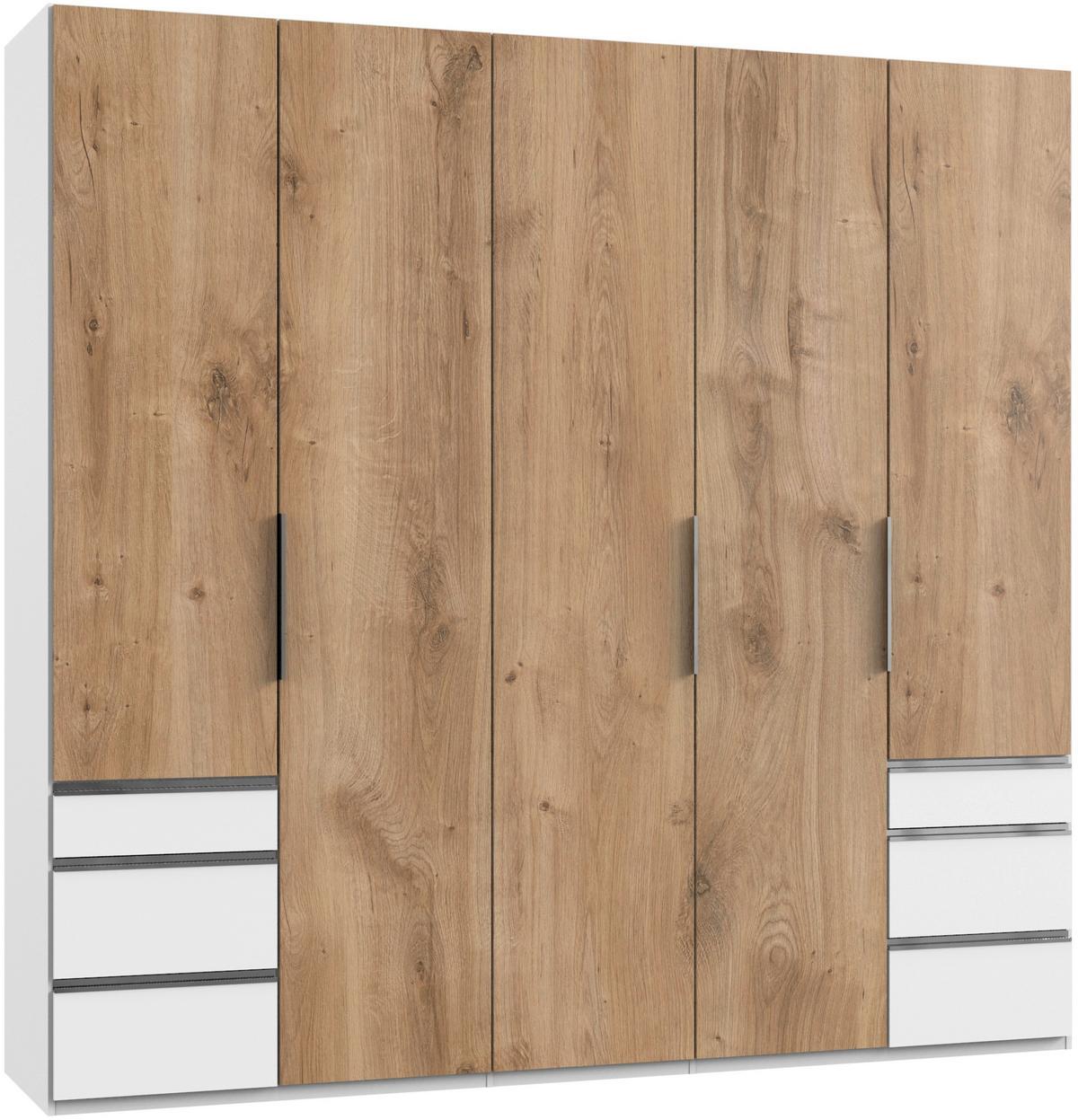 Drehtürenschrank mit Laden B: 250 cm Level, Weiß/Eiche Dekor - Chromfarben/Eichefarben, MODERN, Holzwerkstoff (250/236/58cm) - MID.YOU