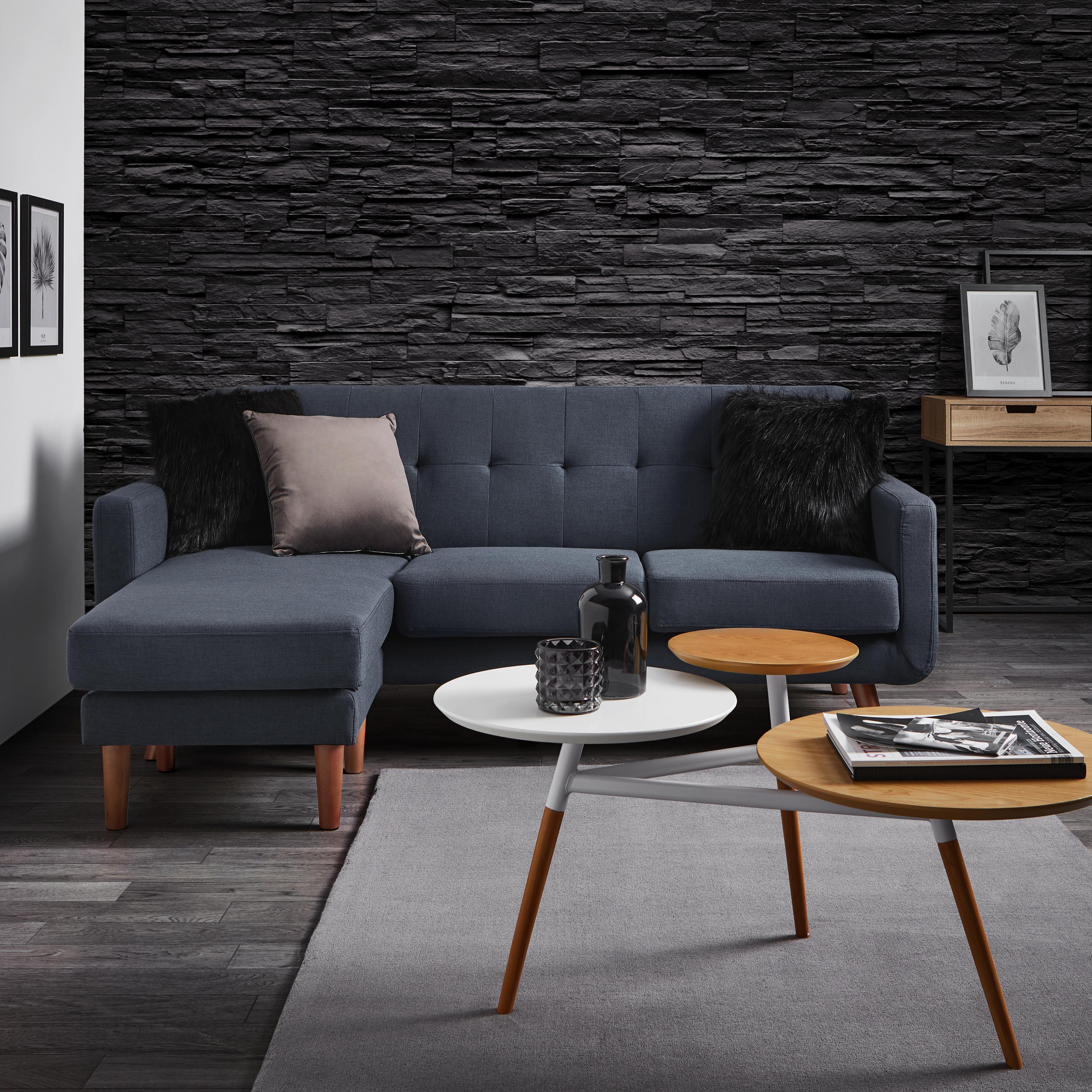 Wohnlandschaft in Grau/Blau Ottomane beidseitig 'Tamara' - Dunkelbraun/Dunkelblau, MODERN, Holz/Textil (197/136cm) - Bessagi Home