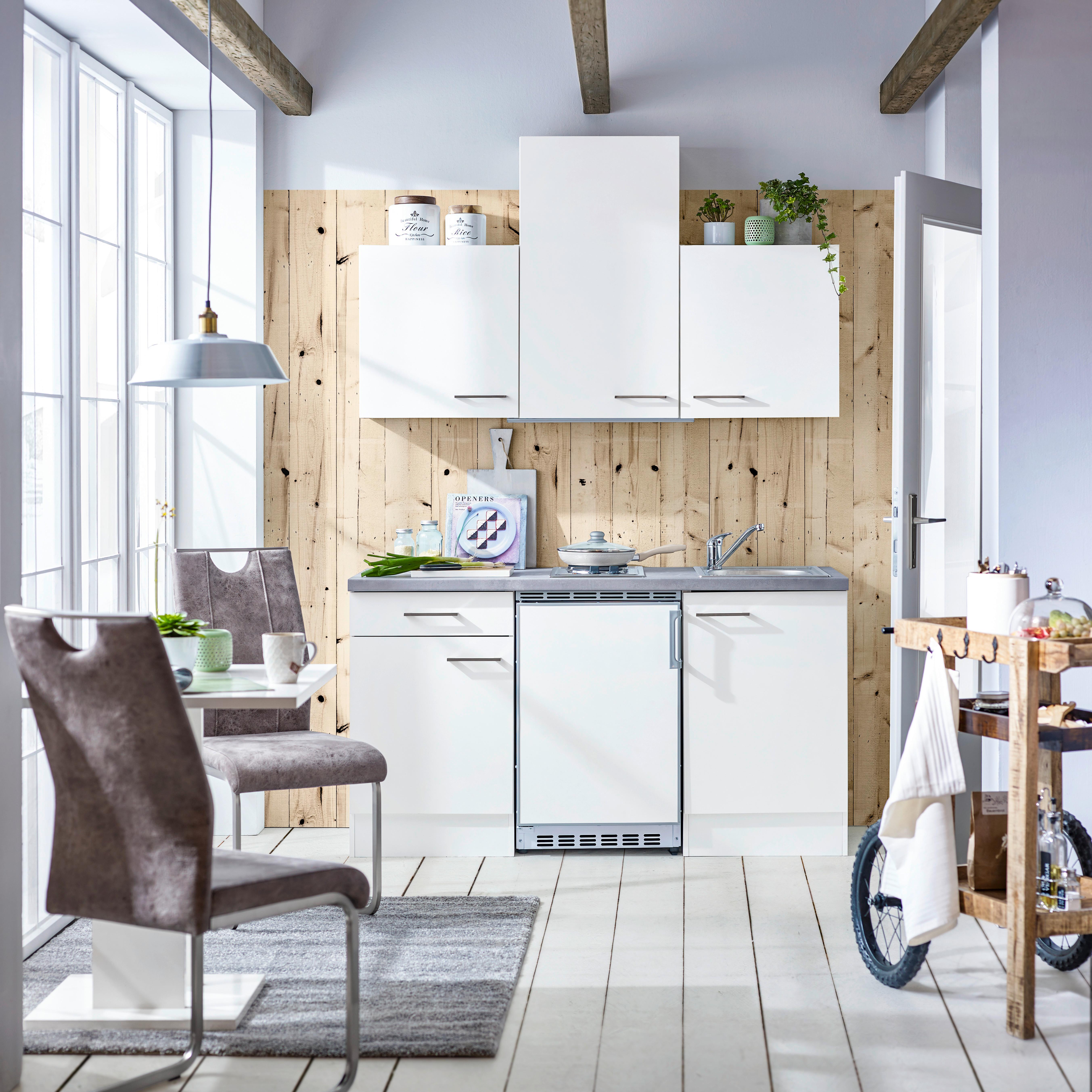 Mini Kuhinjski Blok Neo, S Kuhališčem In Hladilnikom - bela, Moderno, leseni material (150cm) - FlexWell