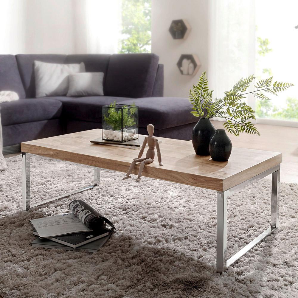 Couchtisch Guna in Dunkelbraun Akazienholz - Chromfarben/Akaziefarben, Design, Holz/Metall (120/60/40cm) - MID.YOU