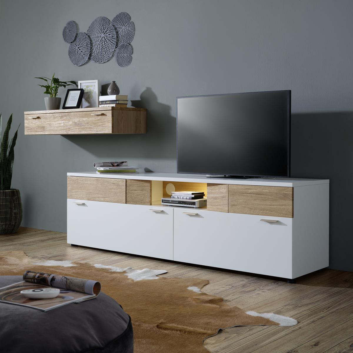Highboard aus Eiche teilmassiv - Weiss/Edelstahlfarben, Modern, Glas/Holzwerkstoff (180/132/40cm) - Premium Living