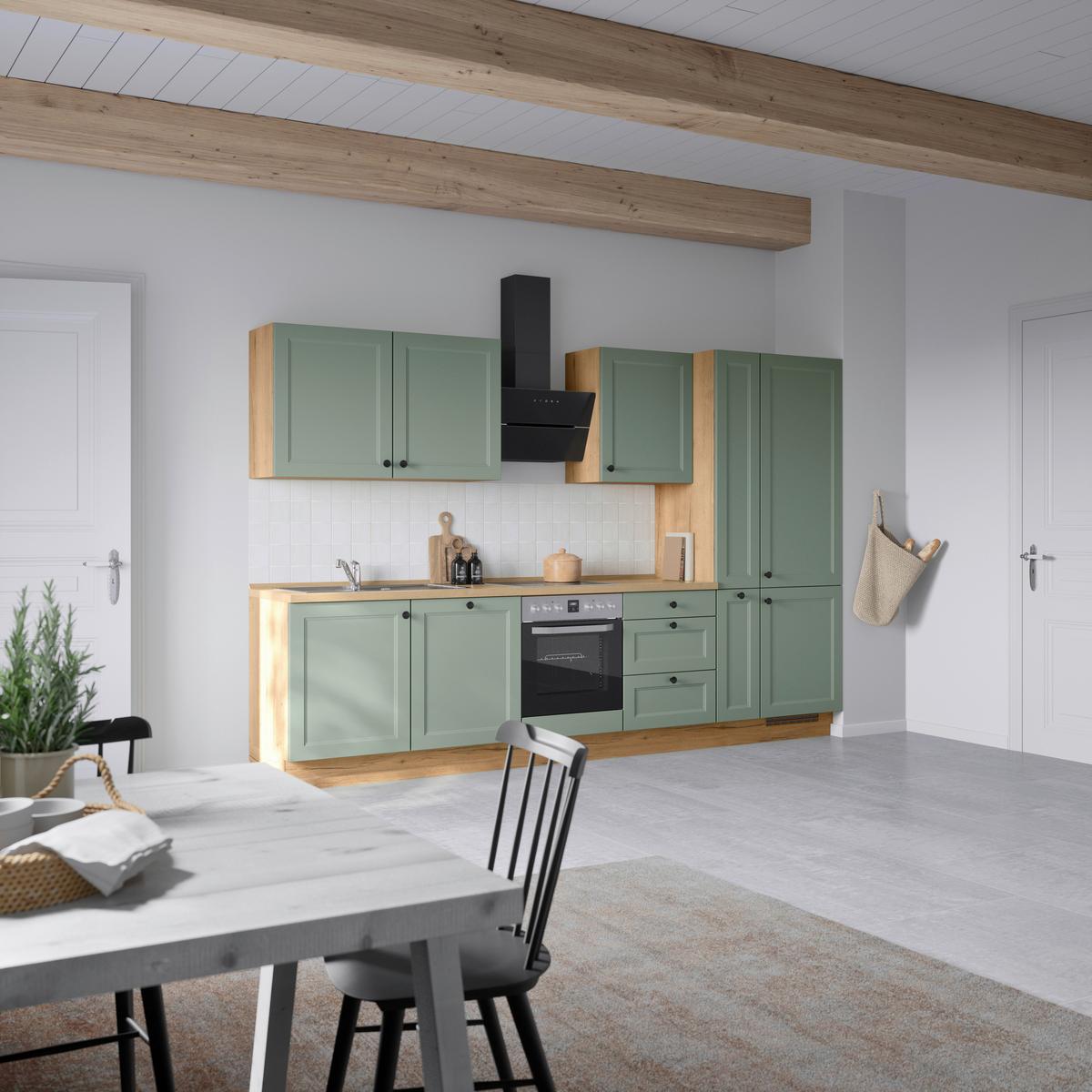 Küchenblock Cascada High m. Geräten Schilfgrün - Schilfgrün/Eichefarben, MODERN, Holzwerkstoff/Metall (330cm) - Nobilia