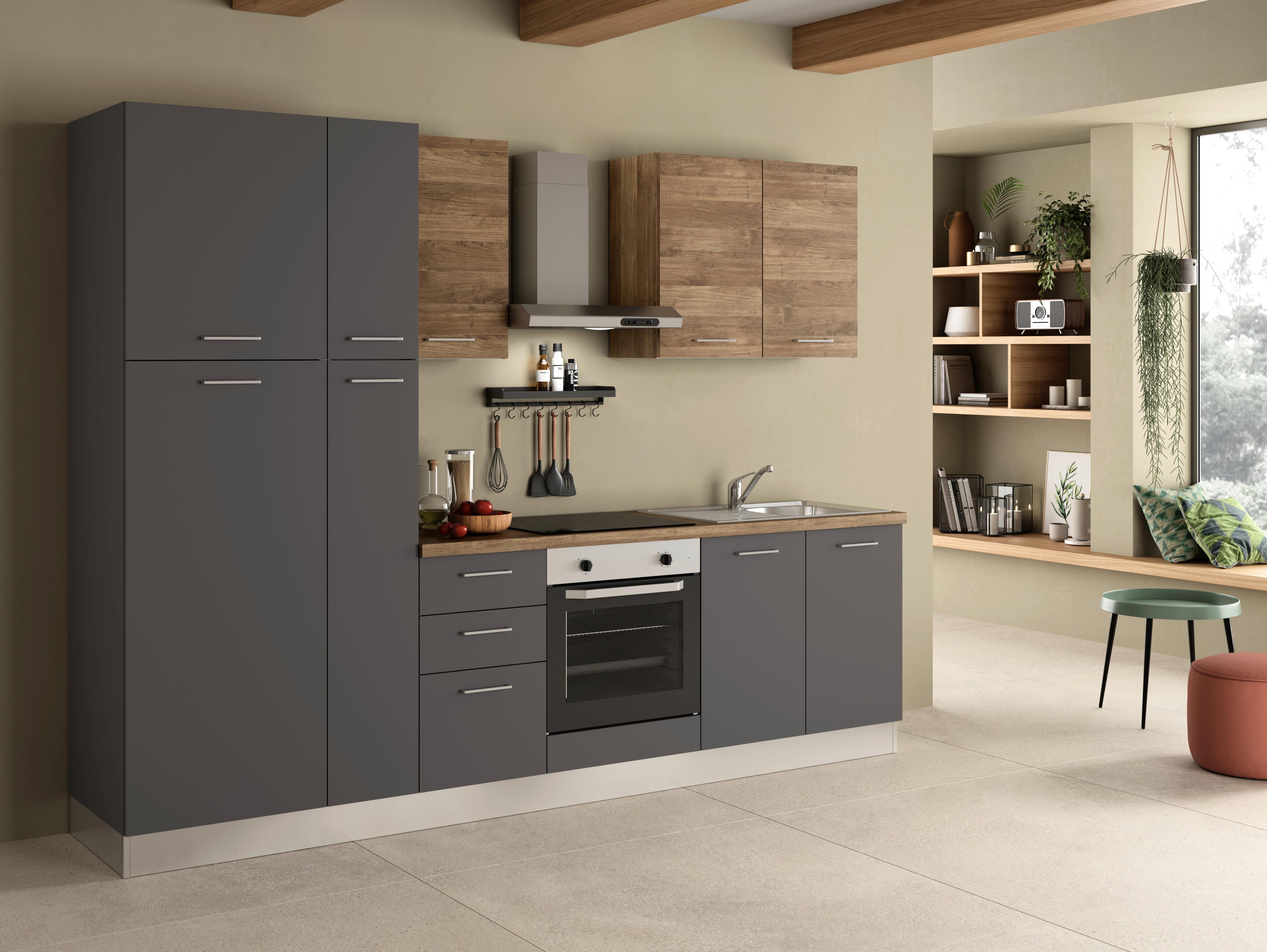 Küchenblock Freia m. Geräte Anthrazit/Nussbaum - Walnussfarben/Alufarben, LIFESTYLE, Holzwerkstoff/Kunststoff (285cm) - MID.YOU