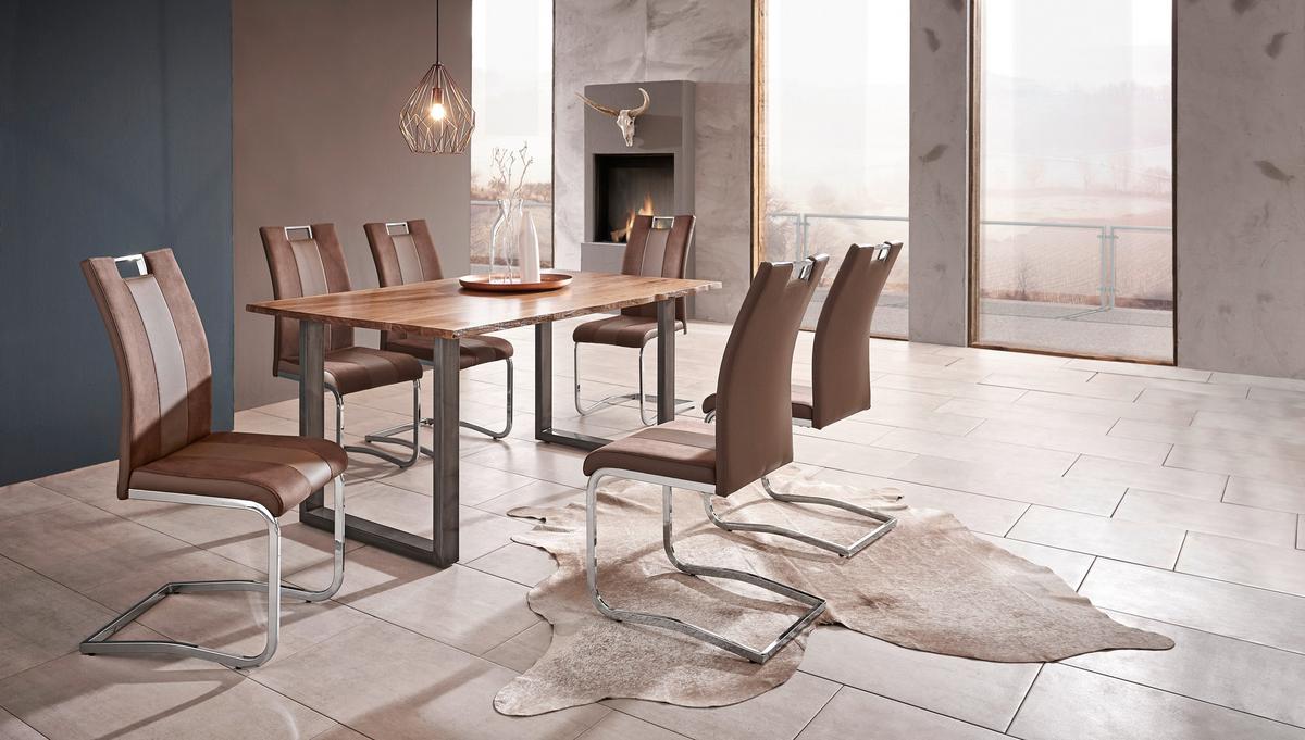 KRZESŁO NA PŁOZIE BERND - kolor chromowy/jasnobrązowy, Design, metal/tkanina (42,50/99,50/56cm) - Carryhome