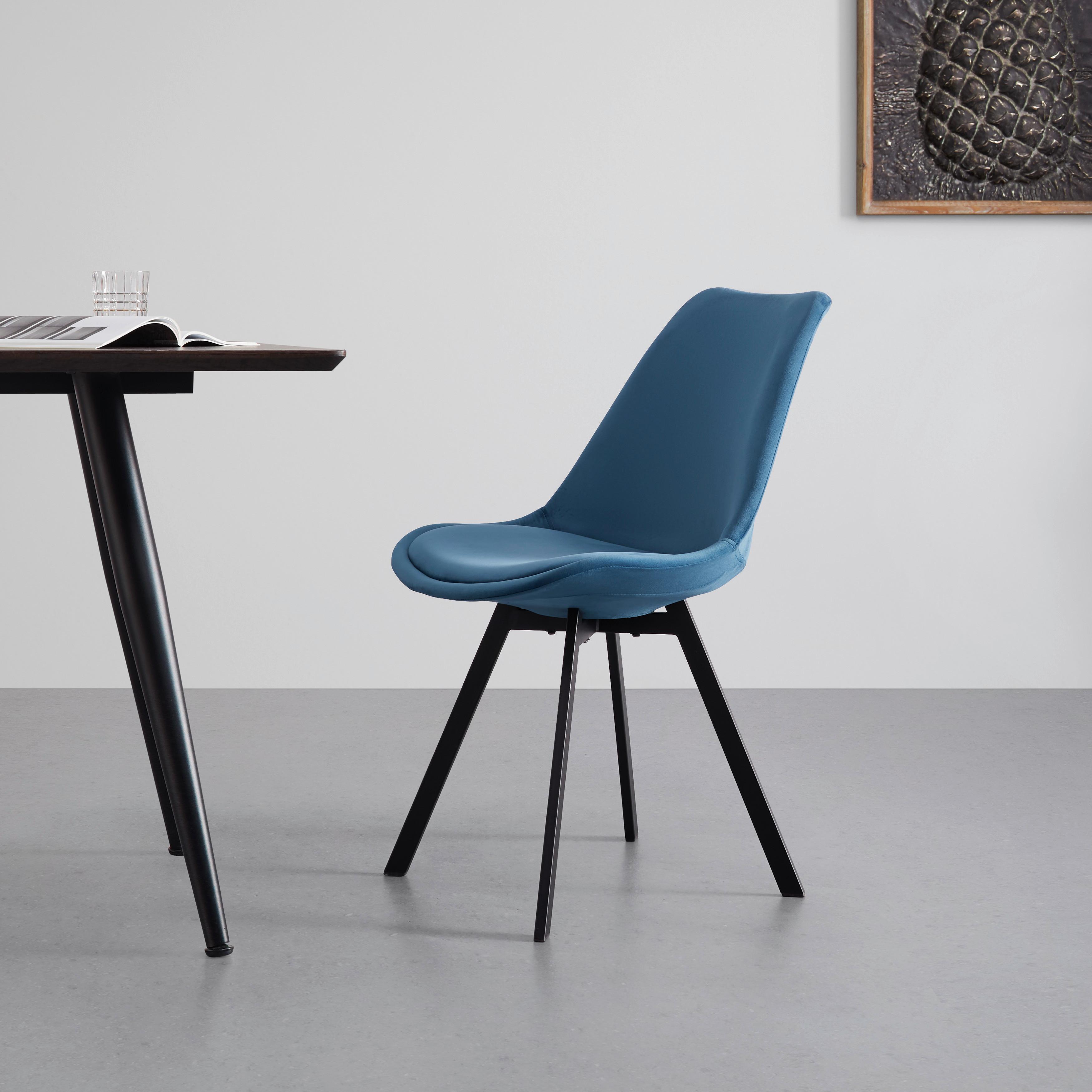 Stuhl "Mia", Samtbezug, blau, Gepolstert - Blau/Schwarz, MODERN, Textil/Metall (45/84/55cm) - Bessagi Home