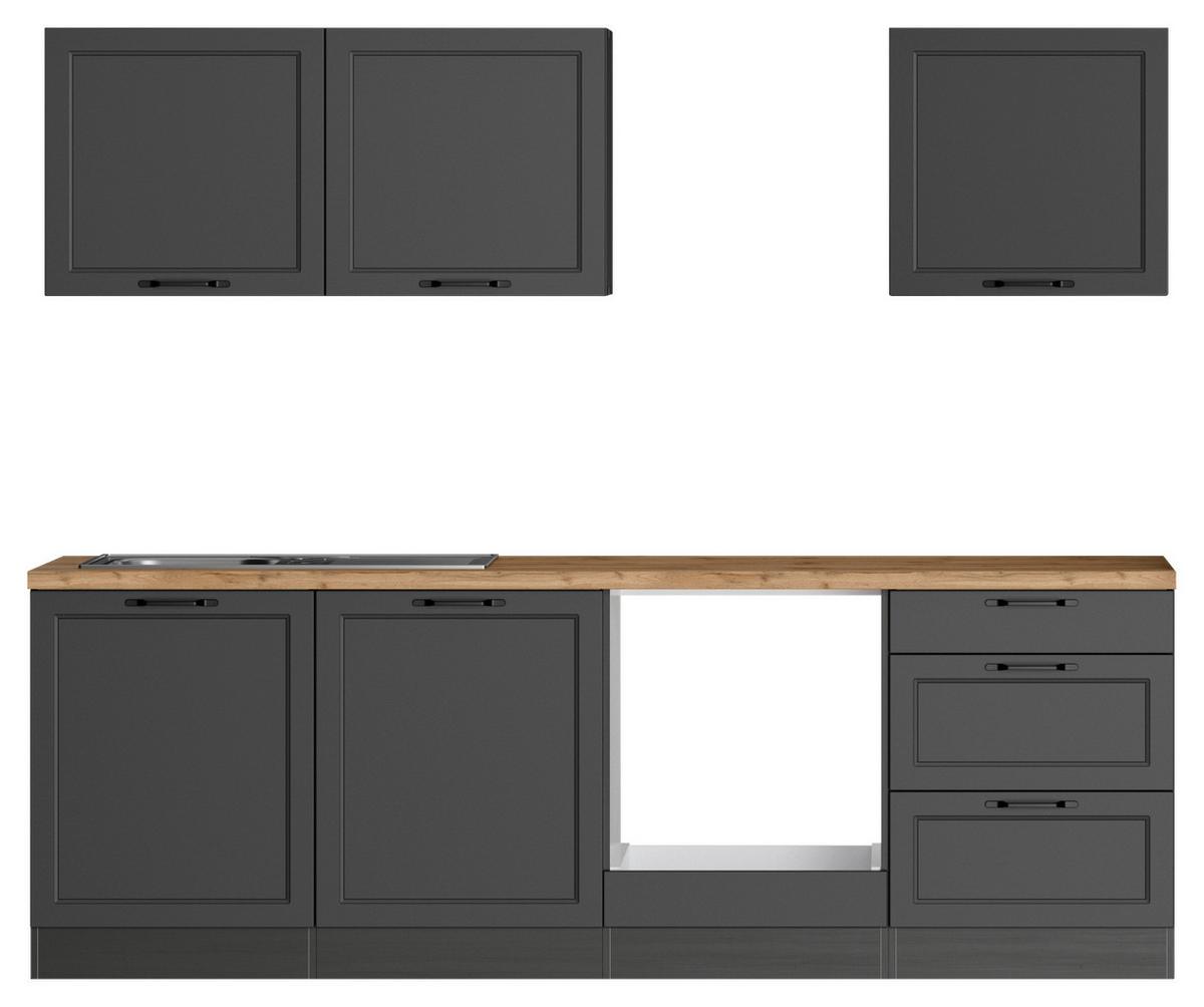 Küchenzeile Meran ohne Geräte ca. 240 cm Grau/Eiche - Eiche Wotan/Schwarz, LIFESTYLE, Holzwerkstoff/Metall (240cm) - Held