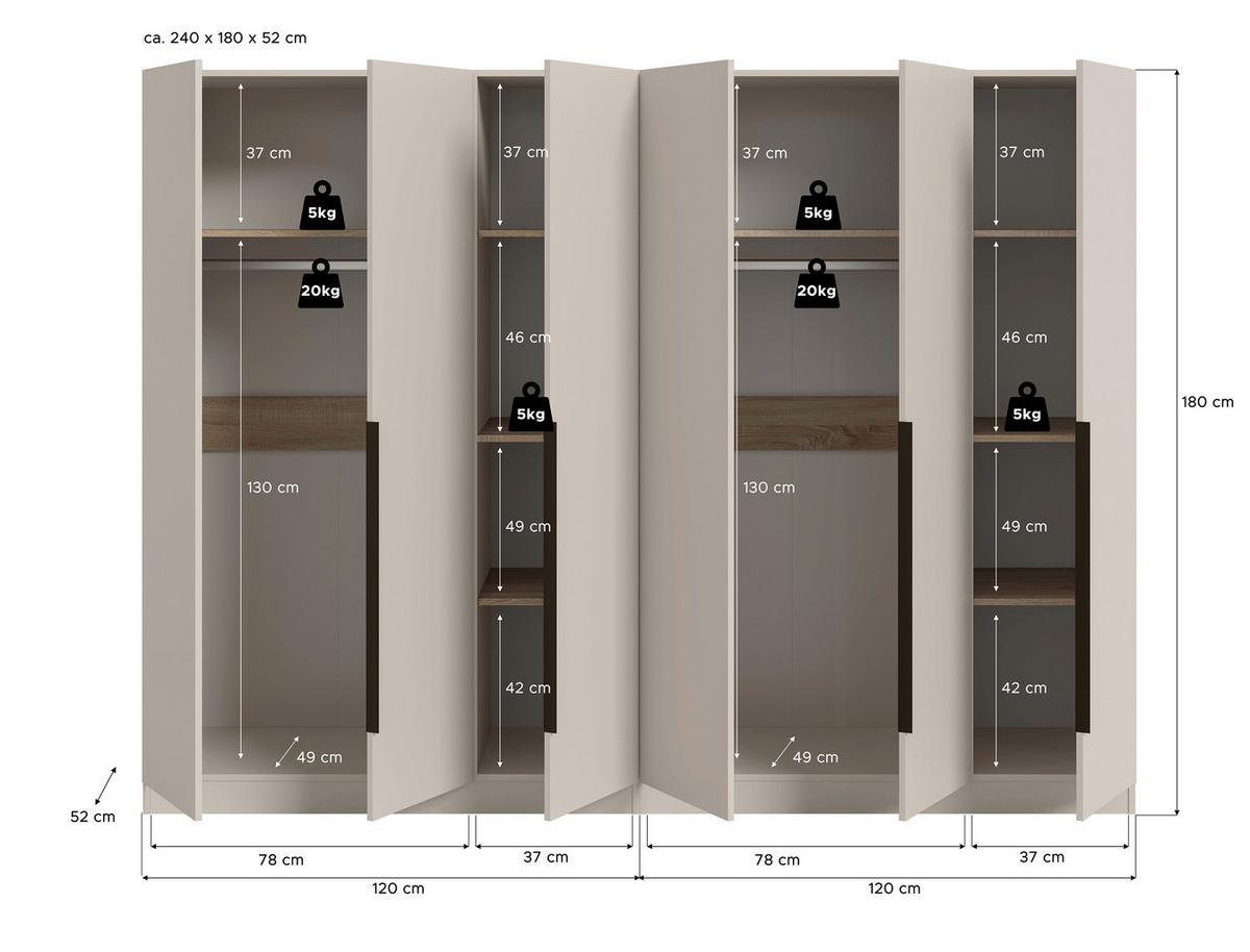Drehtürenschrank KOPENHAGEN Kaschmir - Kaschmir/Schwarz, MODERN, Holzwerkstoff/Kunststoff (240/181/52cm) - Livetastic