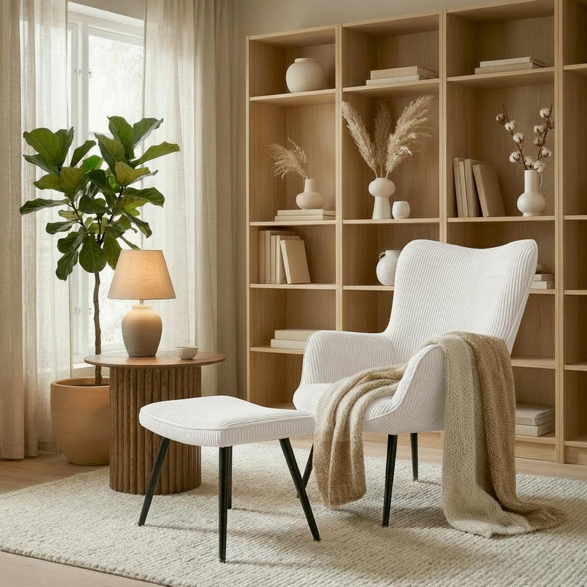 Relax Fotel Lábtartóval Aurora - krémszínű, Modern, textil/fa (68/98/74cm) - Bessagi Home