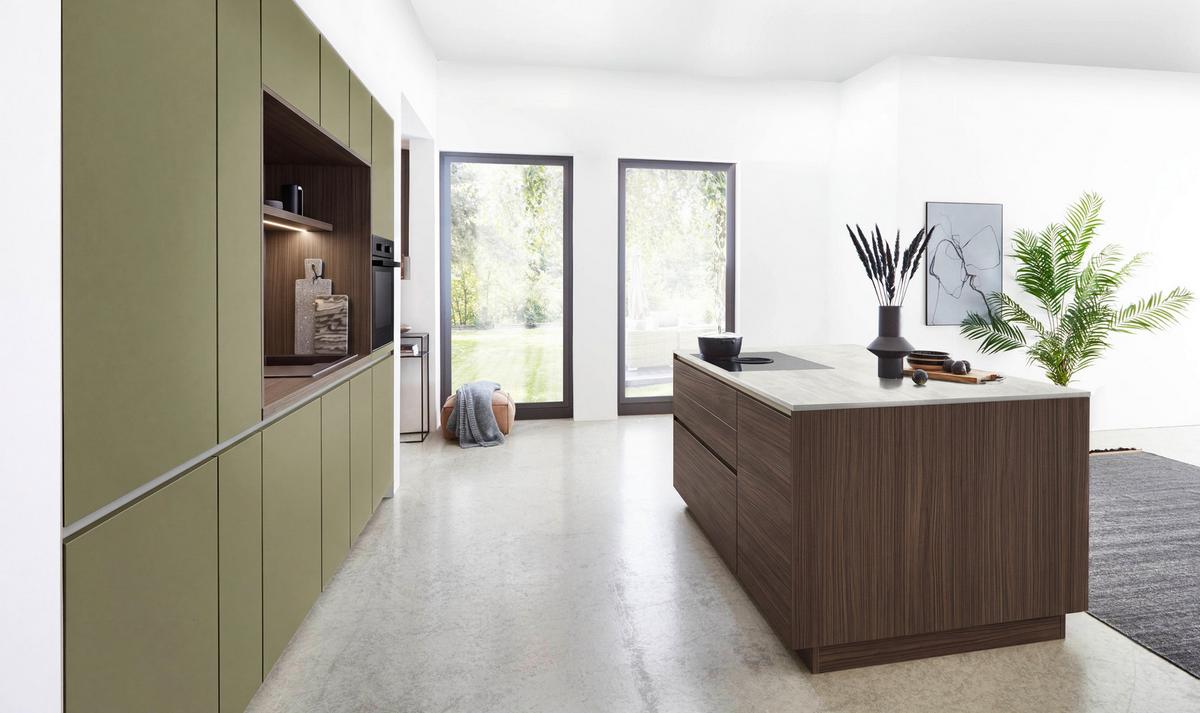 Einbauküche Senso/Structura o. Geräte Olivgrün/Nussbaum - Sandfarben/Edelstahlfarben, MODERN, Holzwerkstoff (300cm) - Nobilia