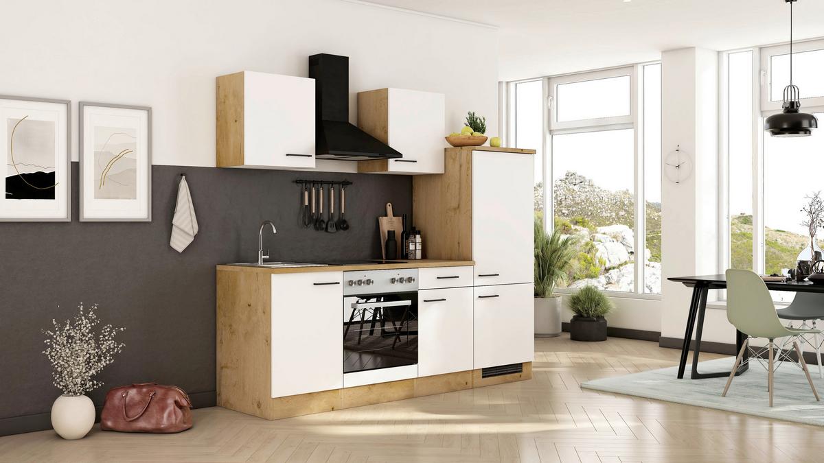 Küchenblock Avila m. Geräten Magnolie - Eichefarben/Magnolie, Trend, Holzwerkstoff/Metall (220cm) - FlexWell