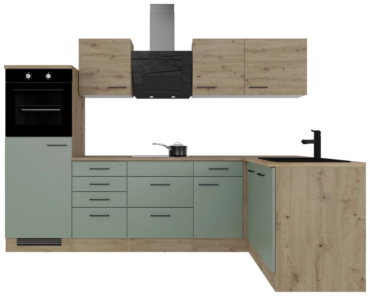 Eckküche Cara mit Geräten ca. 280x170 cm Grün/Eiche - Schilfgrün/Schwarz, Basics, Holzwerkstoff/Metall (280/170cm) - FlexWell