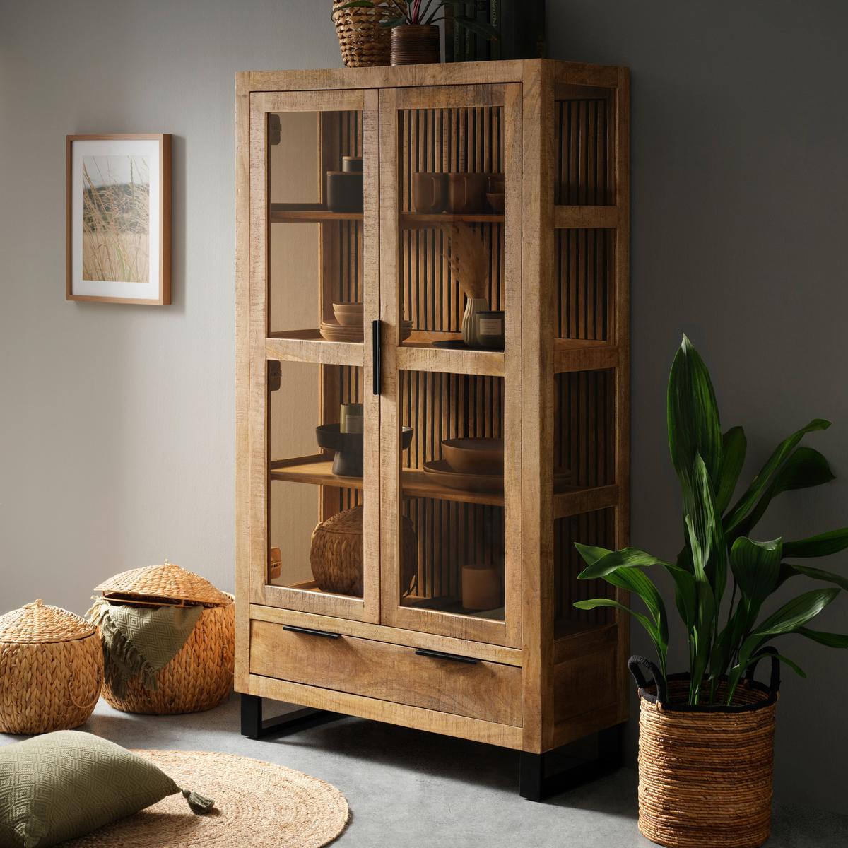Vitrine Everest in Naturfarben/Schwarz - Schwarz/Naturfarben, Natur, Glas/Holz (100/180/40cm) - Mömax