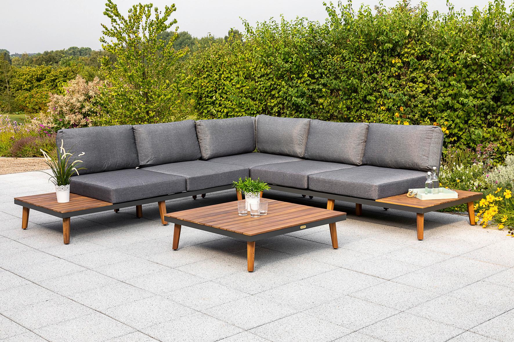 Gartenmöbel Set 2-tlg. Athen Holz/Aluminium mit Kissen - Graphitfarben/Braun, KONVENTIONELL, Holz/Textil (287,5/28/287,5cm) - Gardenson