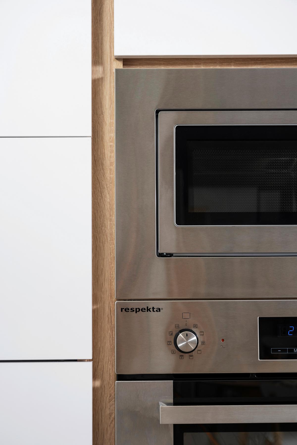 Küchenzeile Premium m. Geräte Weiß/Eiche B: ca. 445 cm - Eichefarben/Weiß Hochglanz, Basics, Holzwerkstoff (445cm) - Respekta