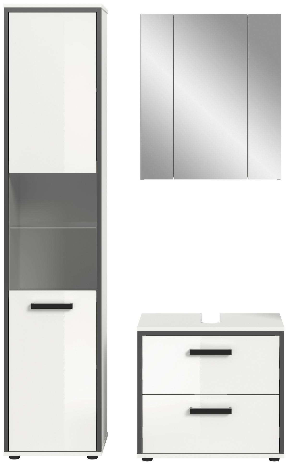 Badezimmer Kojak 3-tlg. Weiß/Anthrazit - Weiß Hochglanz/Schwarz, MODERN, Holzwerkstoff/Kunststoff (100cm) - MID.YOU