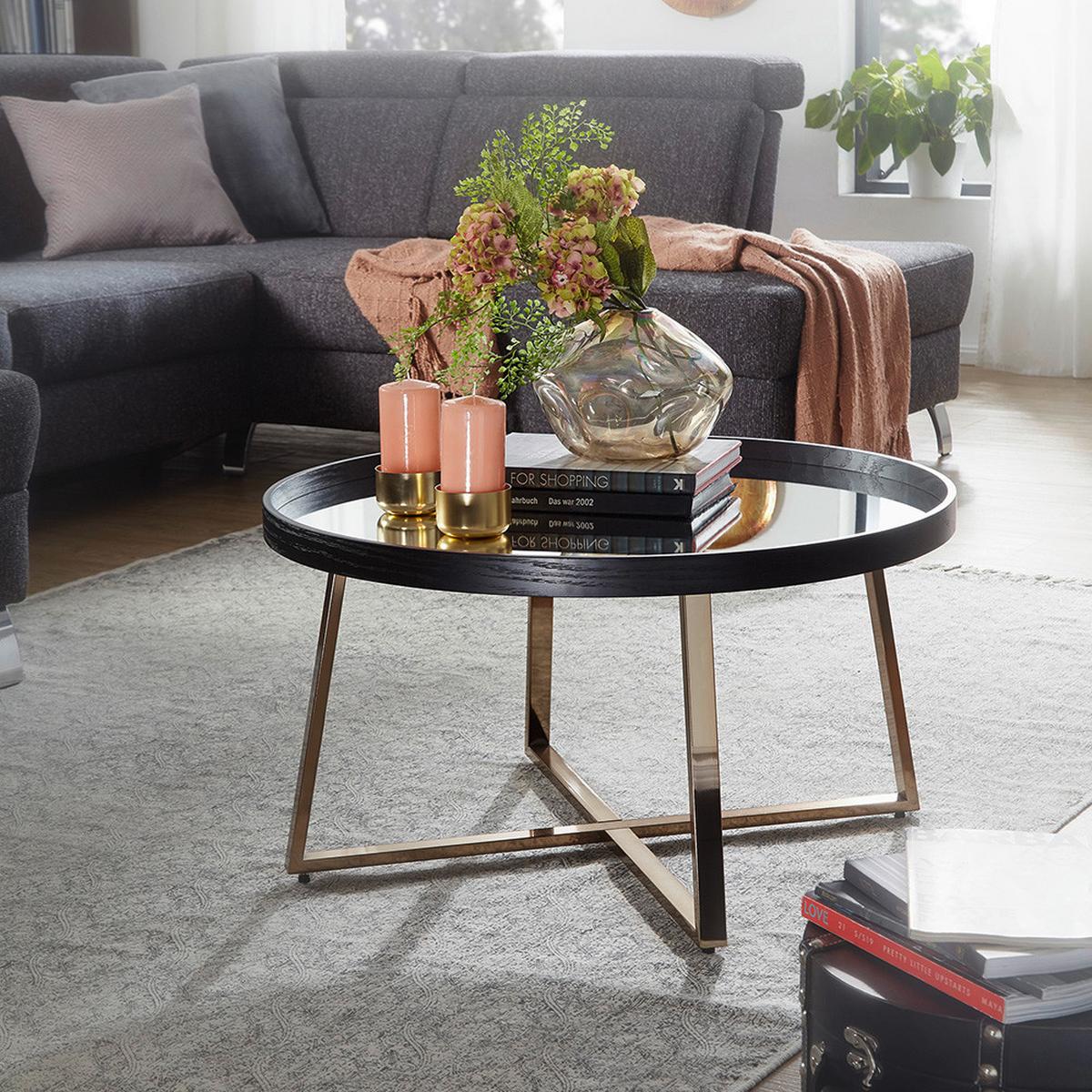 Couchtisch "WL6.002" Ø ca. 78 cm, schwarz/gold - Goldfarben/Schwarz, Design, Glas/Metall (78/78/42,5cm) - MID.YOU