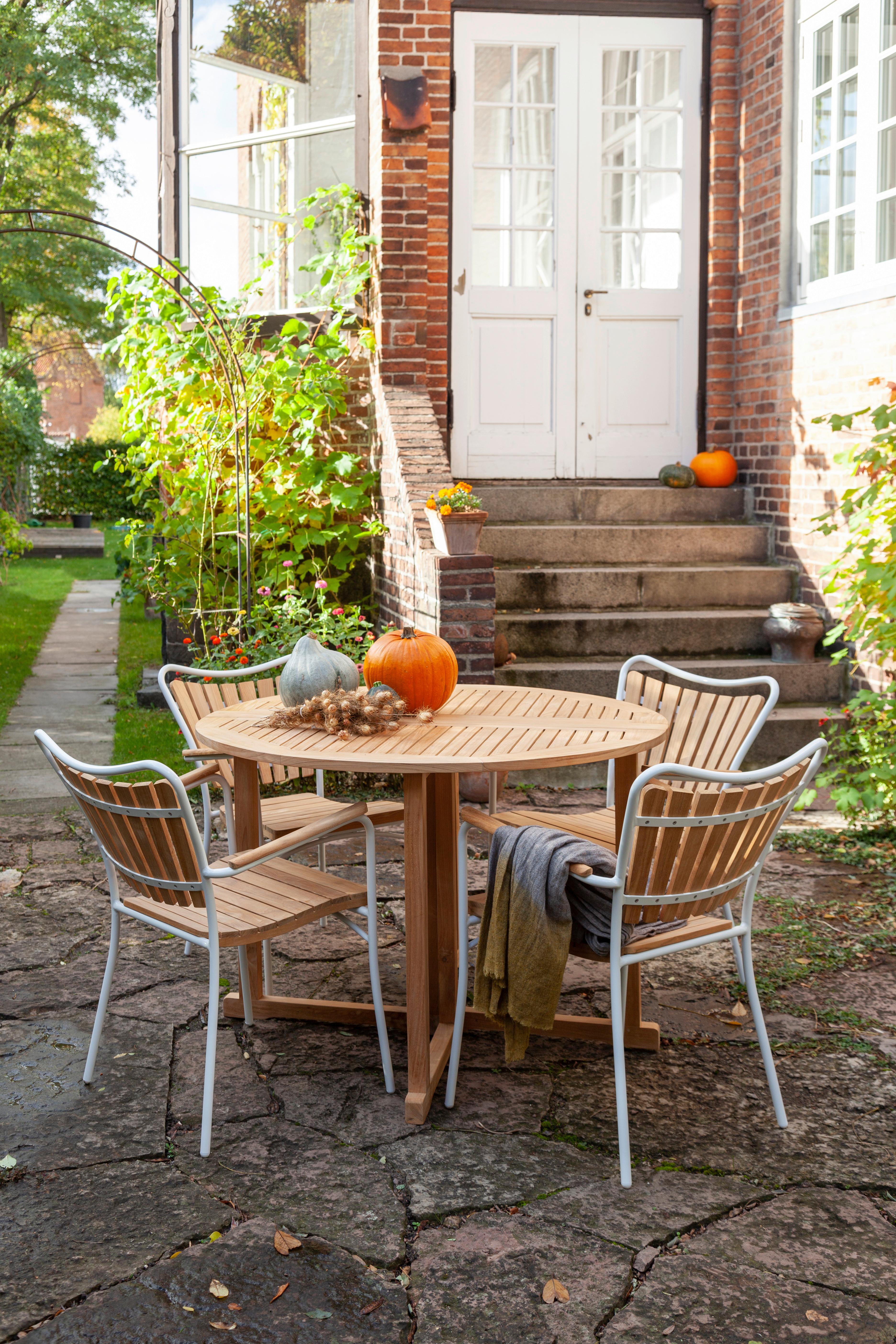 Gartenstuhl Metall & Teakholz - Weiß Hochglanz/Teakfarben, KONVENTIONELL, Holz/Metall (58,5/78/56,5cm) - Gardenson