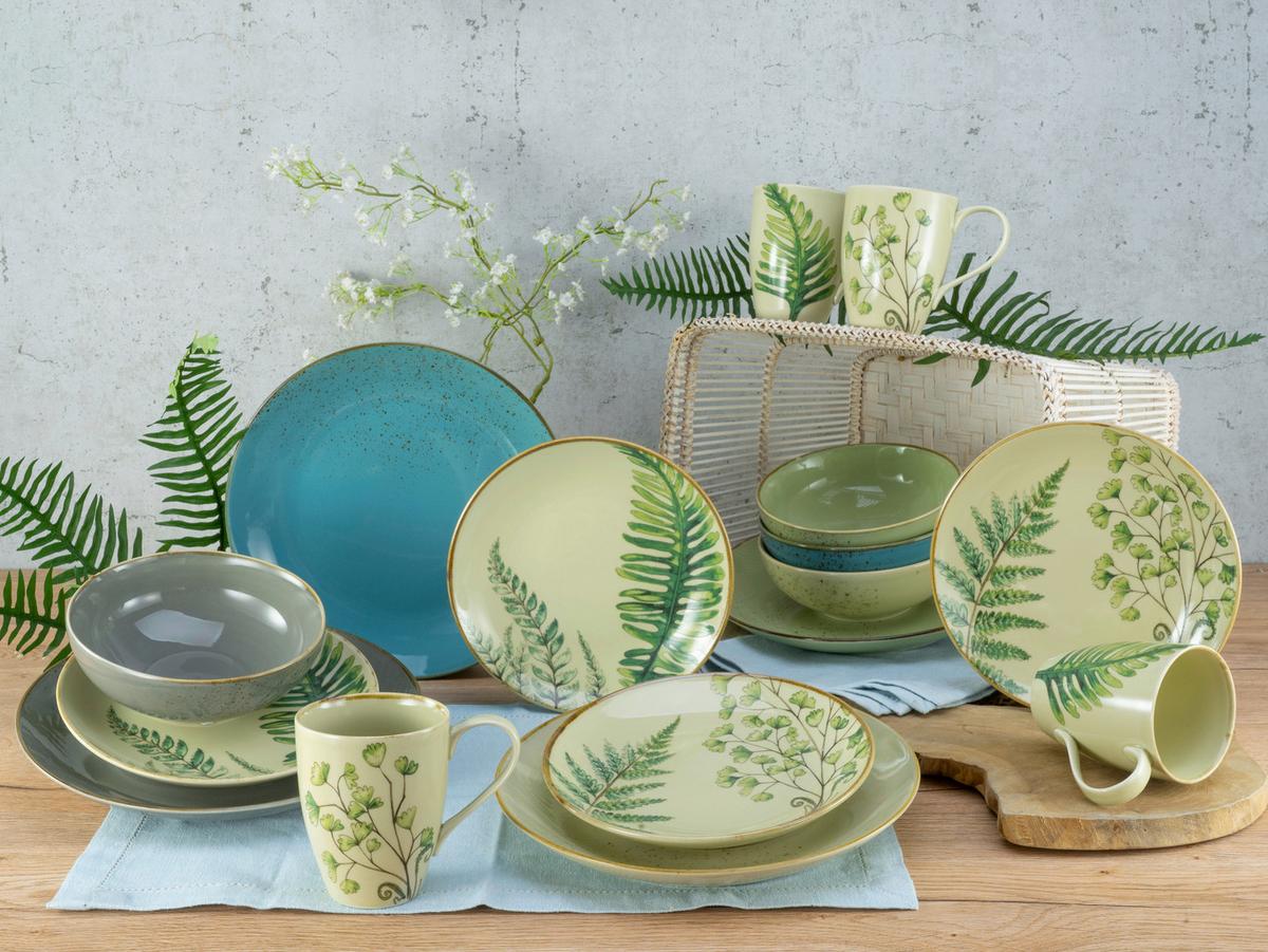 Kombiservice Botanica in Grün, 16-teilig - Sandfarben/Petrol, KONVENTIONELL, Keramik - Creatable