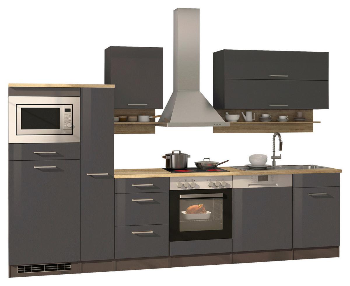 Küchenblock in Anthrazit inkl. E-Geräte 'Mailand' - Chromfarben/Eichefarben, MODERN, Holzwerkstoff/Metall (310cm) - Held