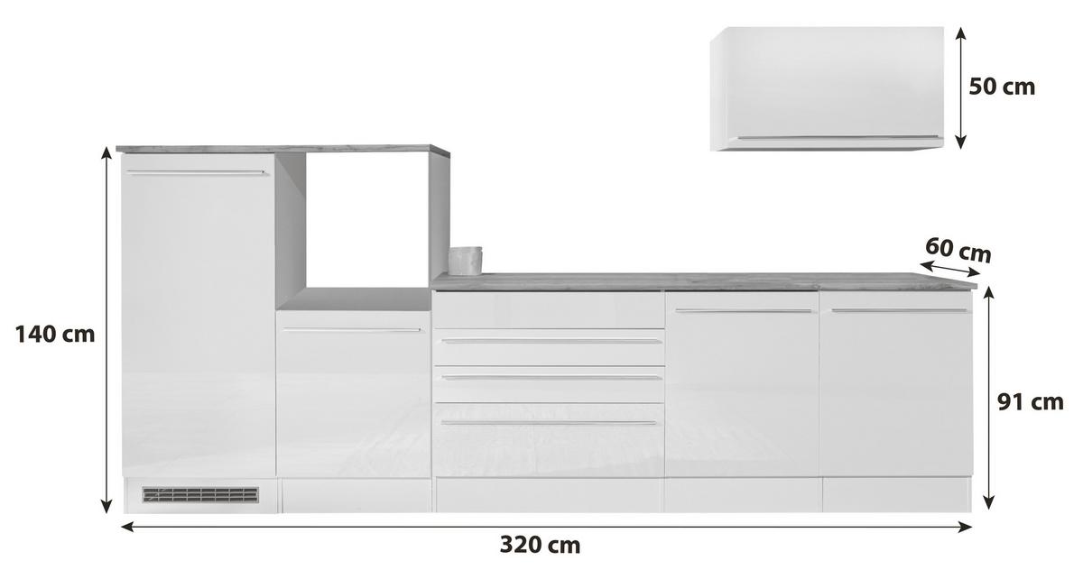 Kuhinjski Blok Brez Aparatov Gabriel, Bela, Barva Hrasta - bela/visoki sijaj, Basics, kovina/leseni material (320cm) - Respekta