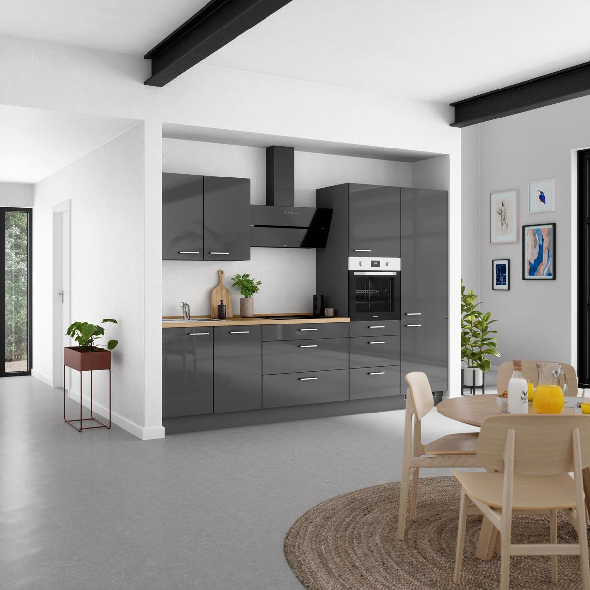 Küchenblock Flash m. Geräten Schieferfarben - Schieferfarben/Edelstahlfarben, MODERN, Holzwerkstoff/Metall (300cm) - Nobilia