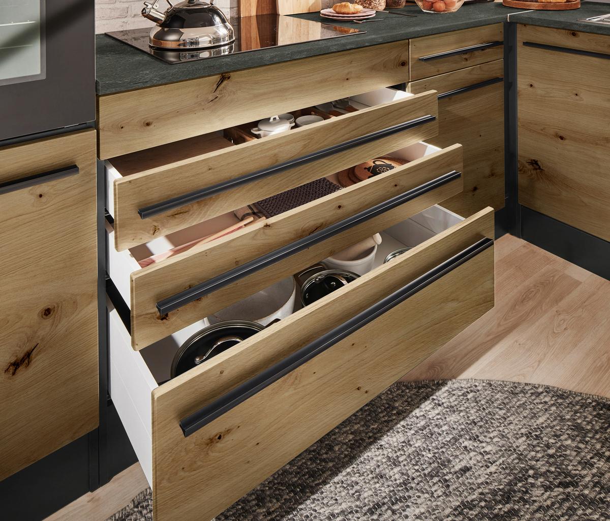 Eckküche Jazz mit Geräten ca.320x175cm Eiche/Anthrazit - Anthrazit/Schwarz, Basics, Holzwerkstoff/Kunststoff (320/175cm) - P & B