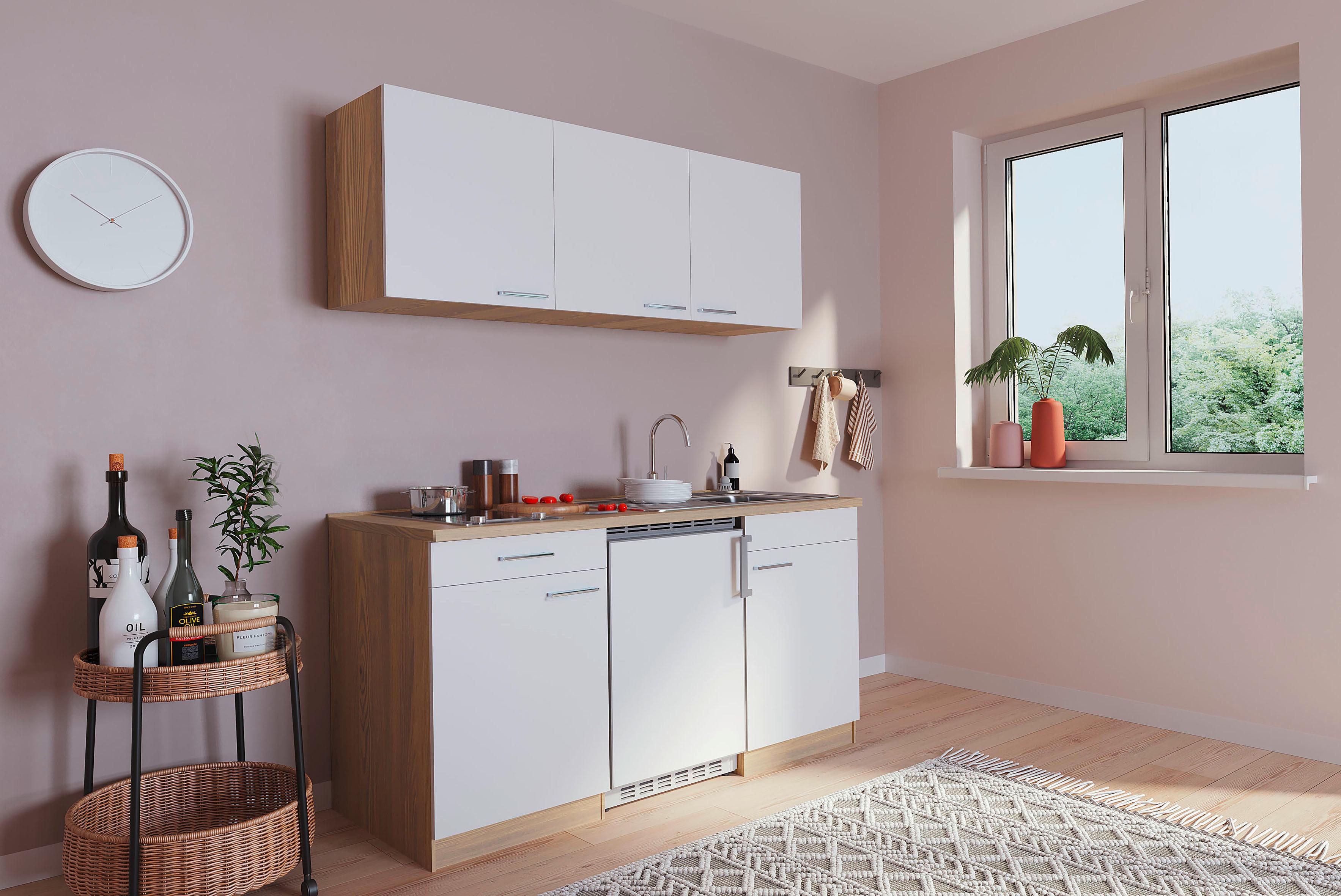 Miniküche Economy m. Geräten B: ca. 150cm Weiß/Eichefarben - Eichefarben/Weiß, Basics, Holzwerkstoff (150cm) - Respekta