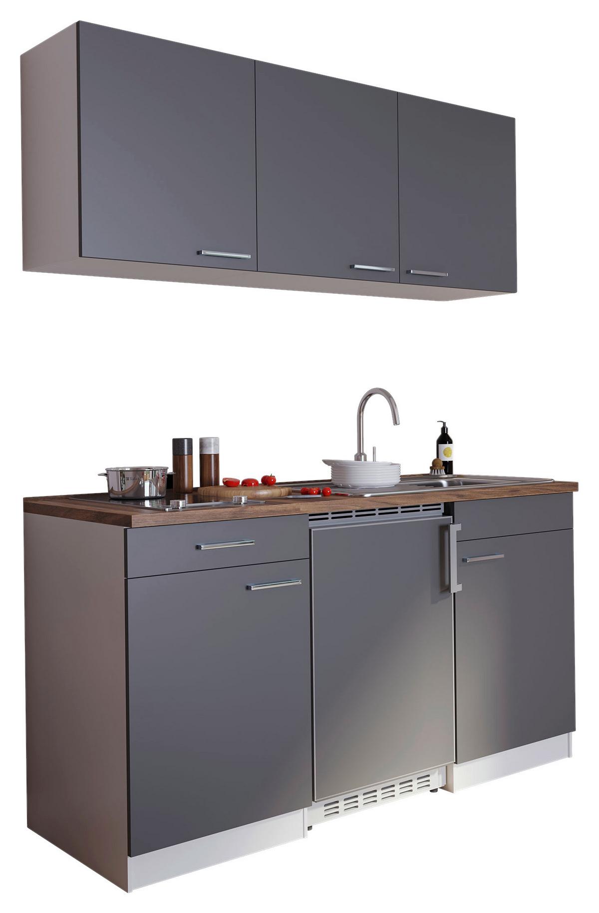 Miniküche Economy m. Geräten Grau B: ca. 150 cm - Edelstahlfarben/Nussbaumfarben, Basics, Holzwerkstoff/Kunststoff (150/200/60cm) - Respekta