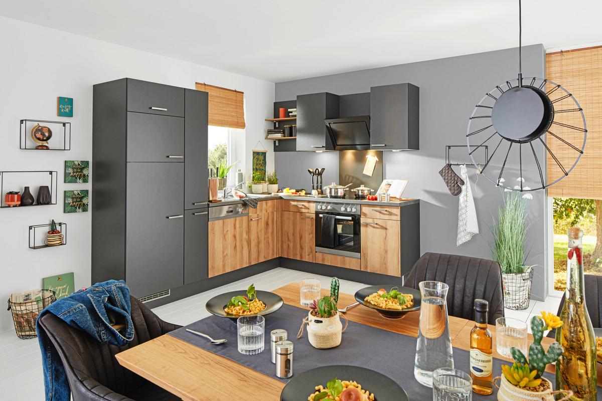 Eckküche inkl. 4 E-Geräte PN100/80 - Eichefarben/Dunkelgrau, MODERN, Holzwerkstoff (265/215cm) - Pino