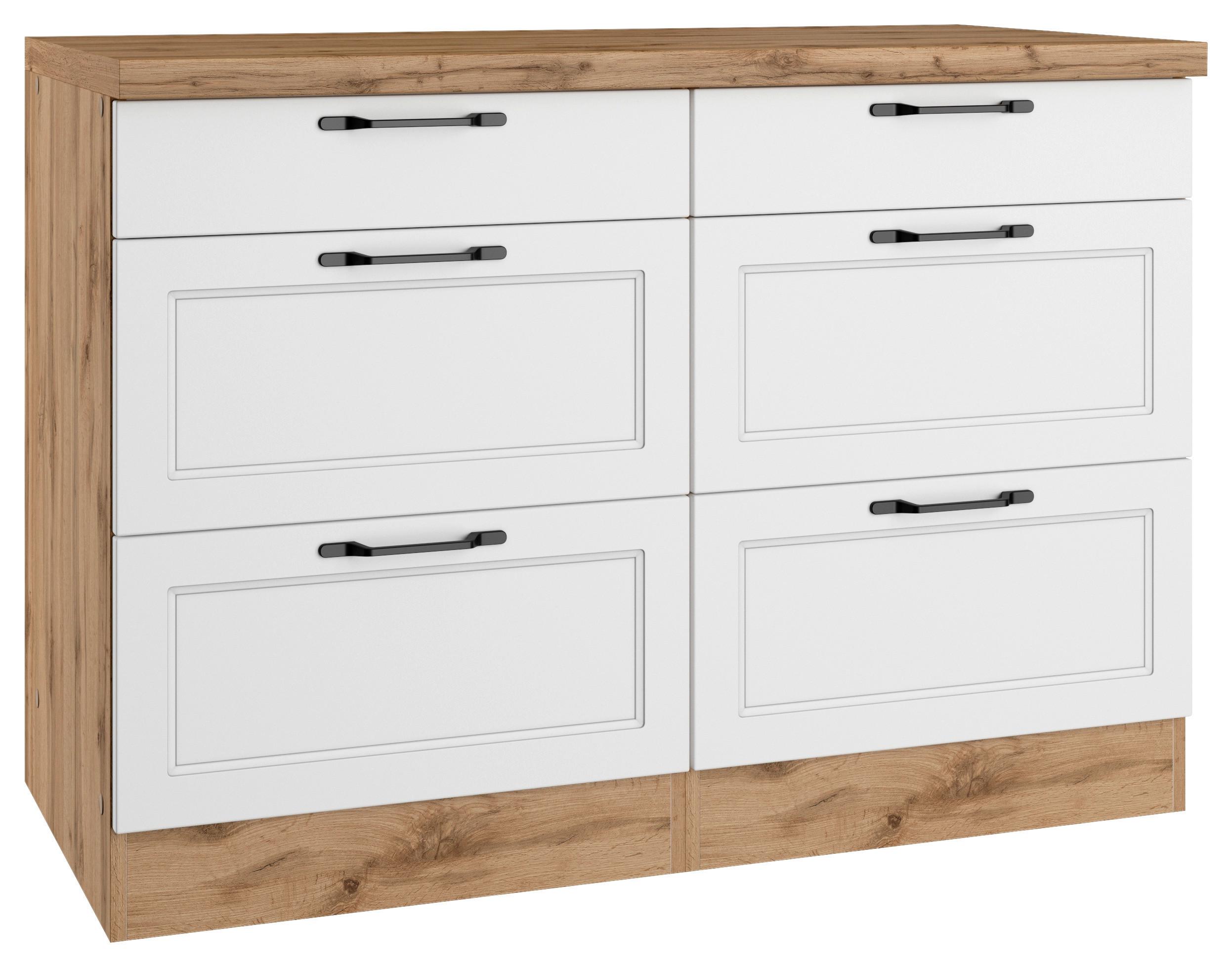 Küchenunterschrank Meran ca. 120x86 cm Weiß/Eiche - Eiche Wotan/Schwarz, LIFESTYLE, Holzwerkstoff/Metall (120/86/60cm) - Held