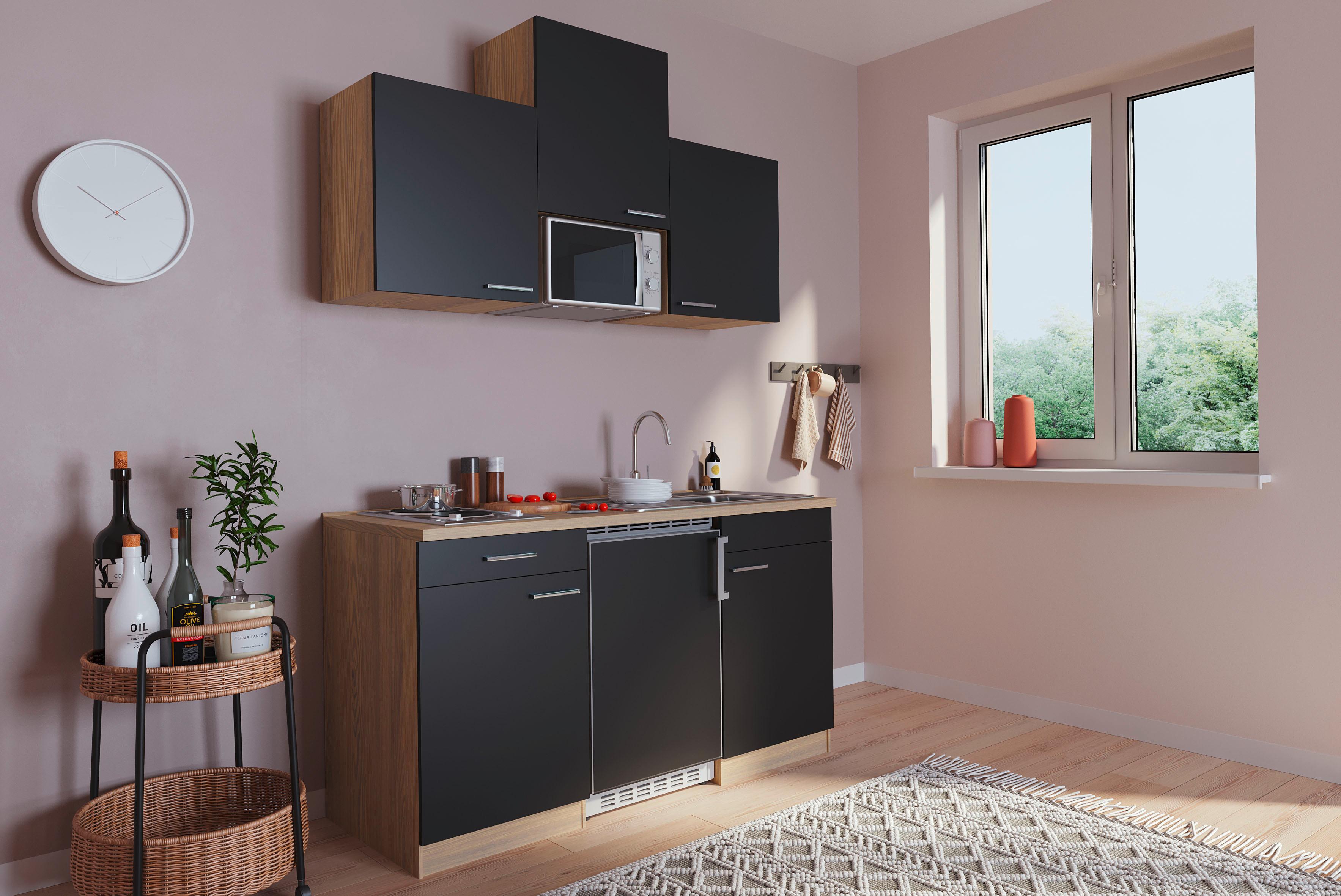 Miniküche Economy m. Geräten B: ca. 150cm Schwarz - Eichefarben/Schwarz, Basics, Holzwerkstoff (150cm) - Respekta