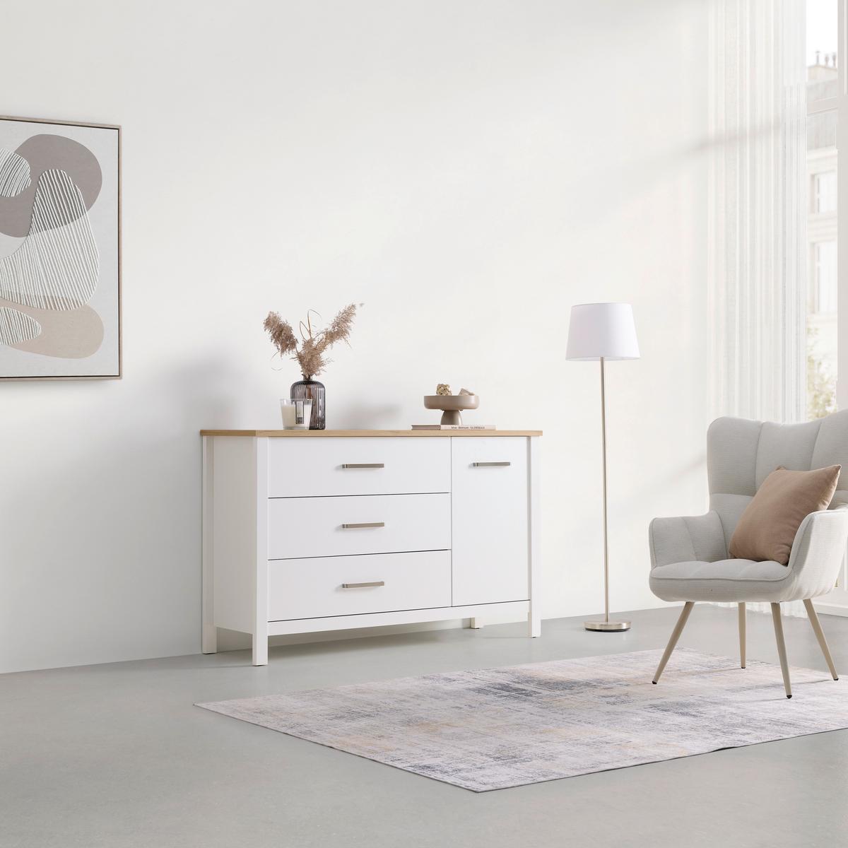 Sideboard Sicilia Weiß/Eiche - Silberfarben/Weiß, ROMANTIK / LANDHAUS, Holzwerkstoff/Metall (148/92/45cm) - Mömax