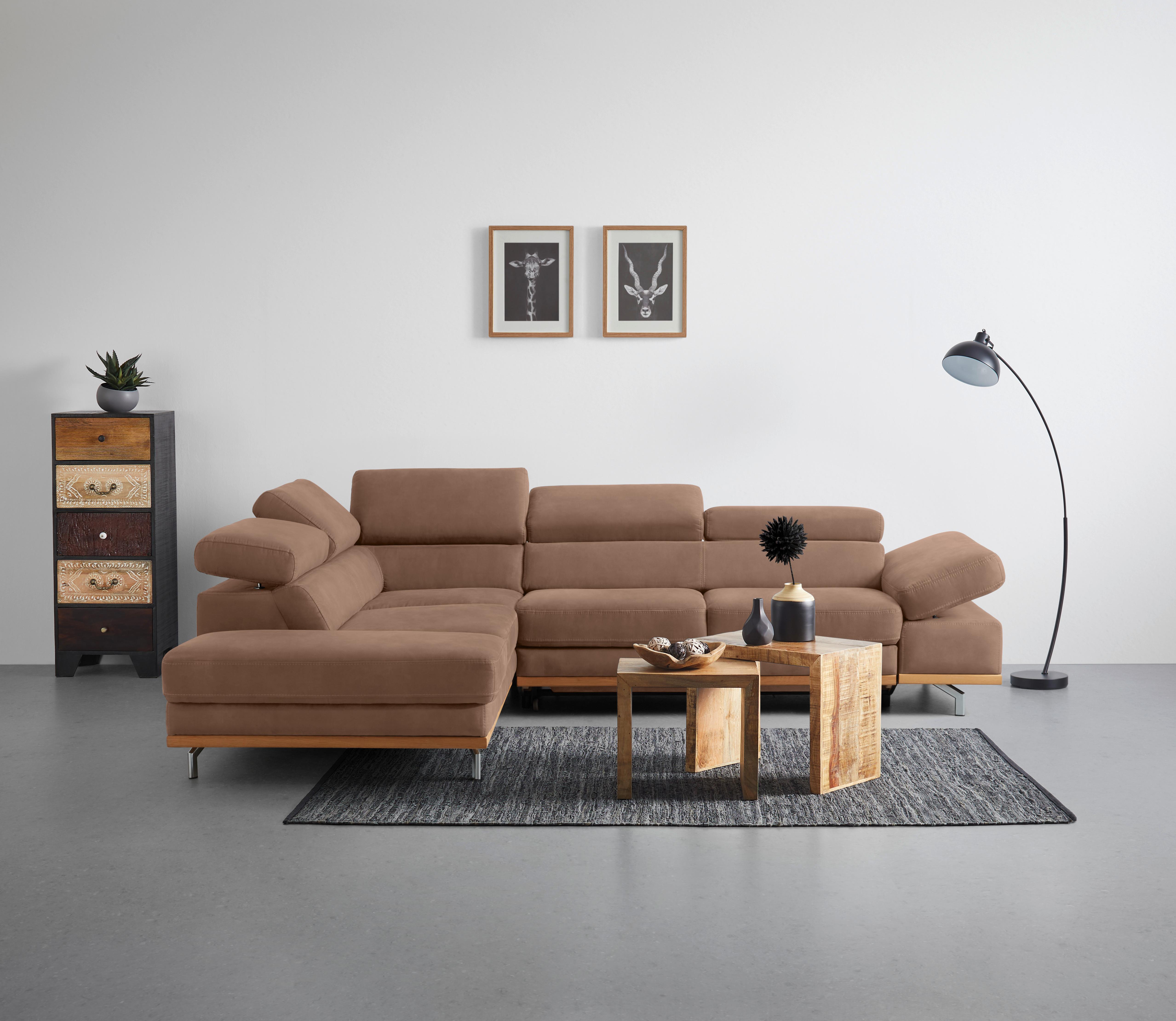 Wohnlandschaft Carmen Braun mit Bettfunktion - Chromfarben/Braun, KONVENTIONELL, Holz/Textil (226/93/292cm) - Based