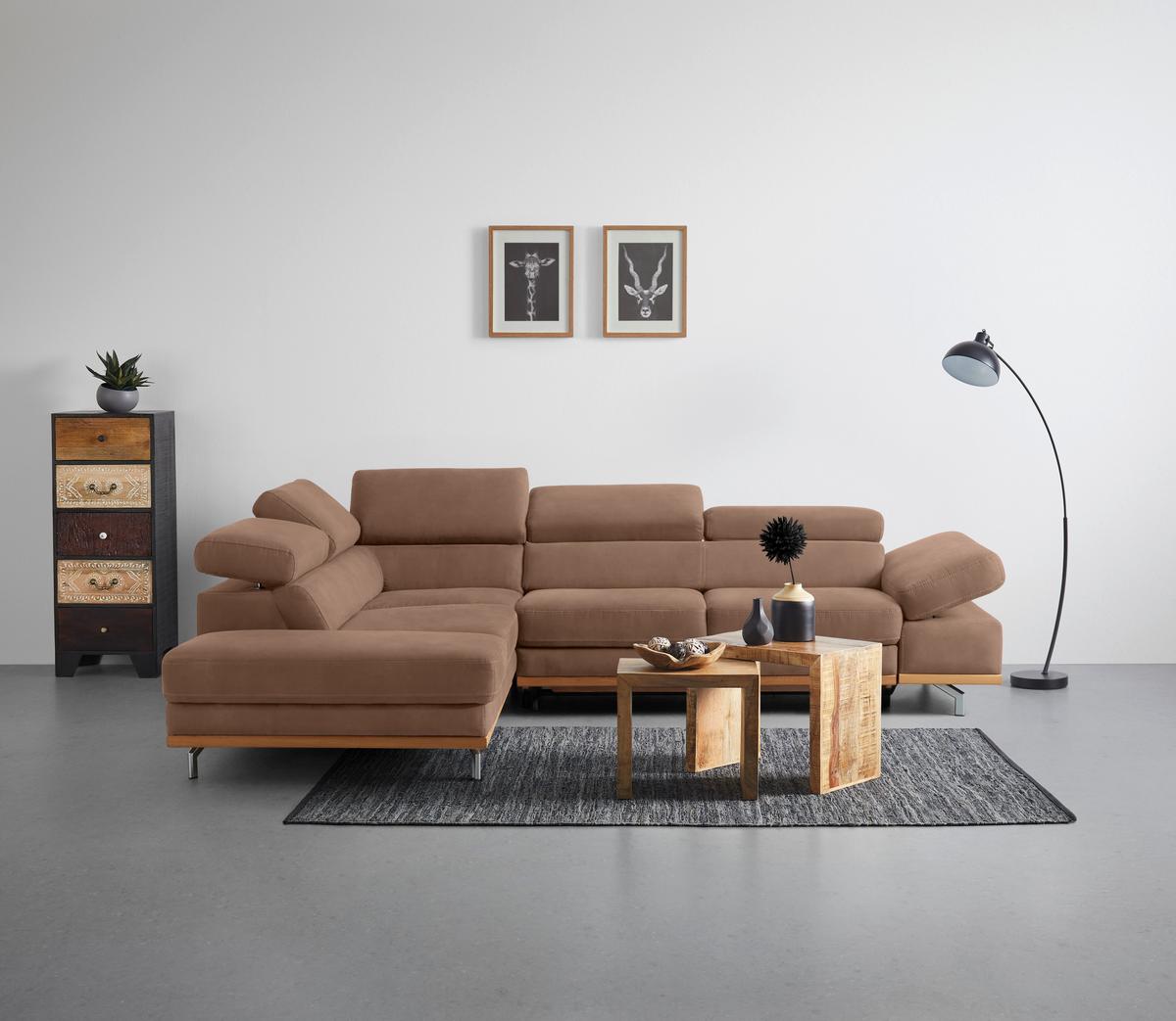 Wohnlandschaft Carmen Braun mit Bettfunktion - Chromfarben/Braun, KONVENTIONELL, Holz/Textil (226/93/292cm) - Based
