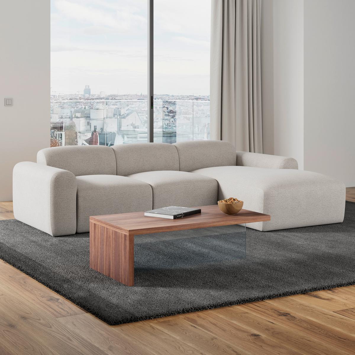 Wohnlandschaft Marlo Chenille Creme - Creme/Schwarz, MODERN, Holz/Kunststoff (263/66/162cm) - Bessagi Home