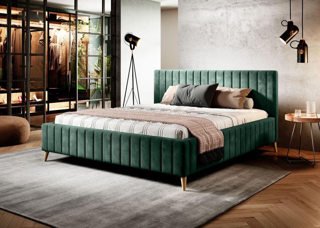 ŁÓŻKO TAPICEROWANE TAMINA - kolor naturalny/ciemnozielony, Design, drewno/tkanina (180/200cm)