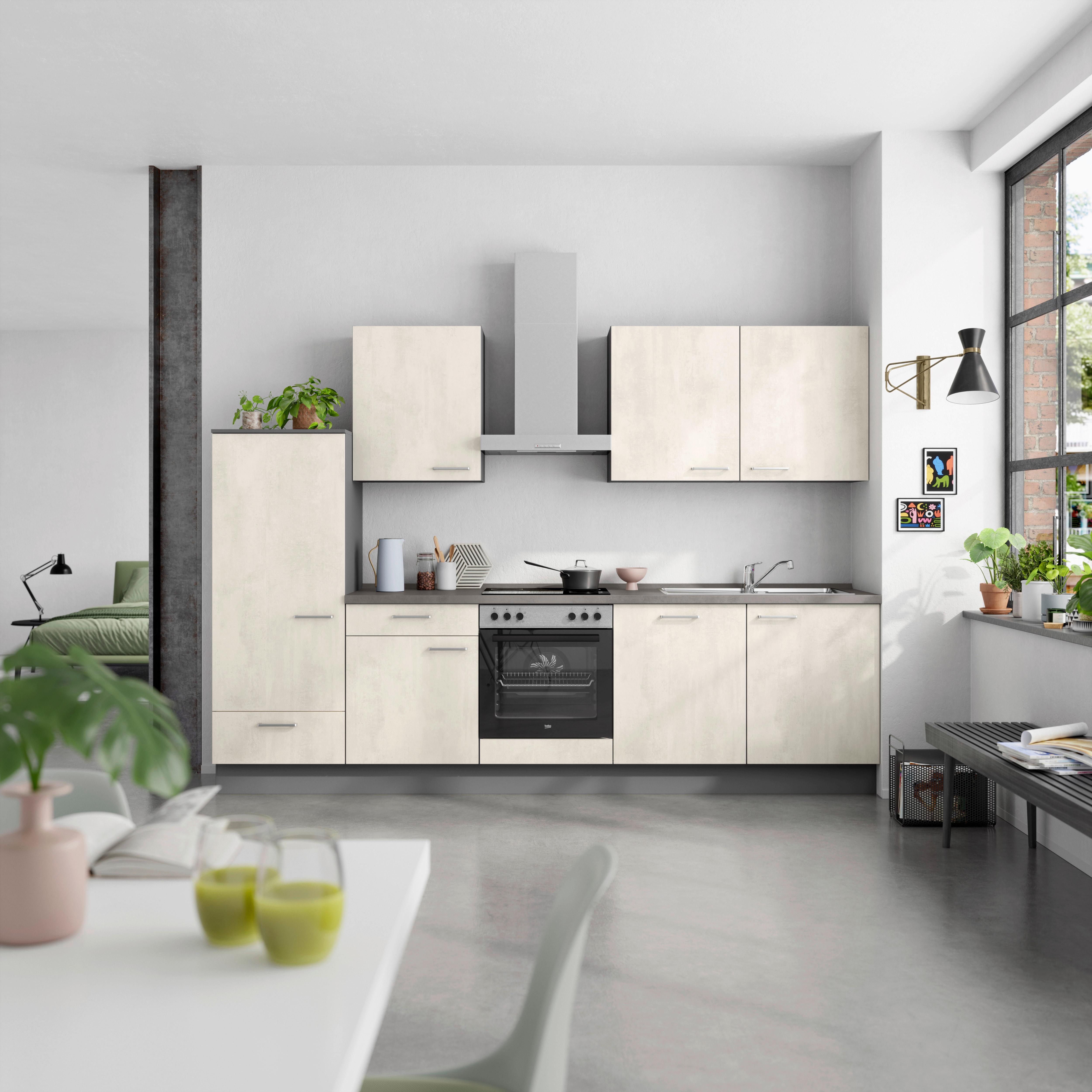 Küchenblock Riva Low m. Geräten Weiß - Schieferfarben/Edelstahlfarben, MODERN, Holzwerkstoff/Metall (300cm) - Nobilia