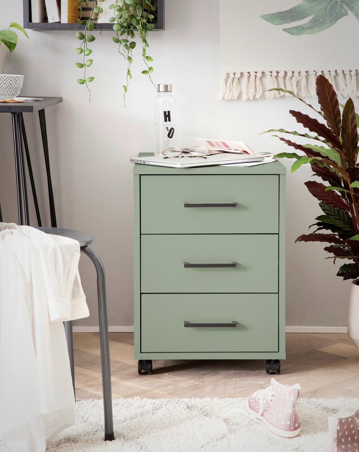 Rollcontainer Ruby Olivgrün - Schwarz/Olivgrün, MODERN, Holzwerkstoff/Kunststoff (40,1/57/50cm) - MID.YOU