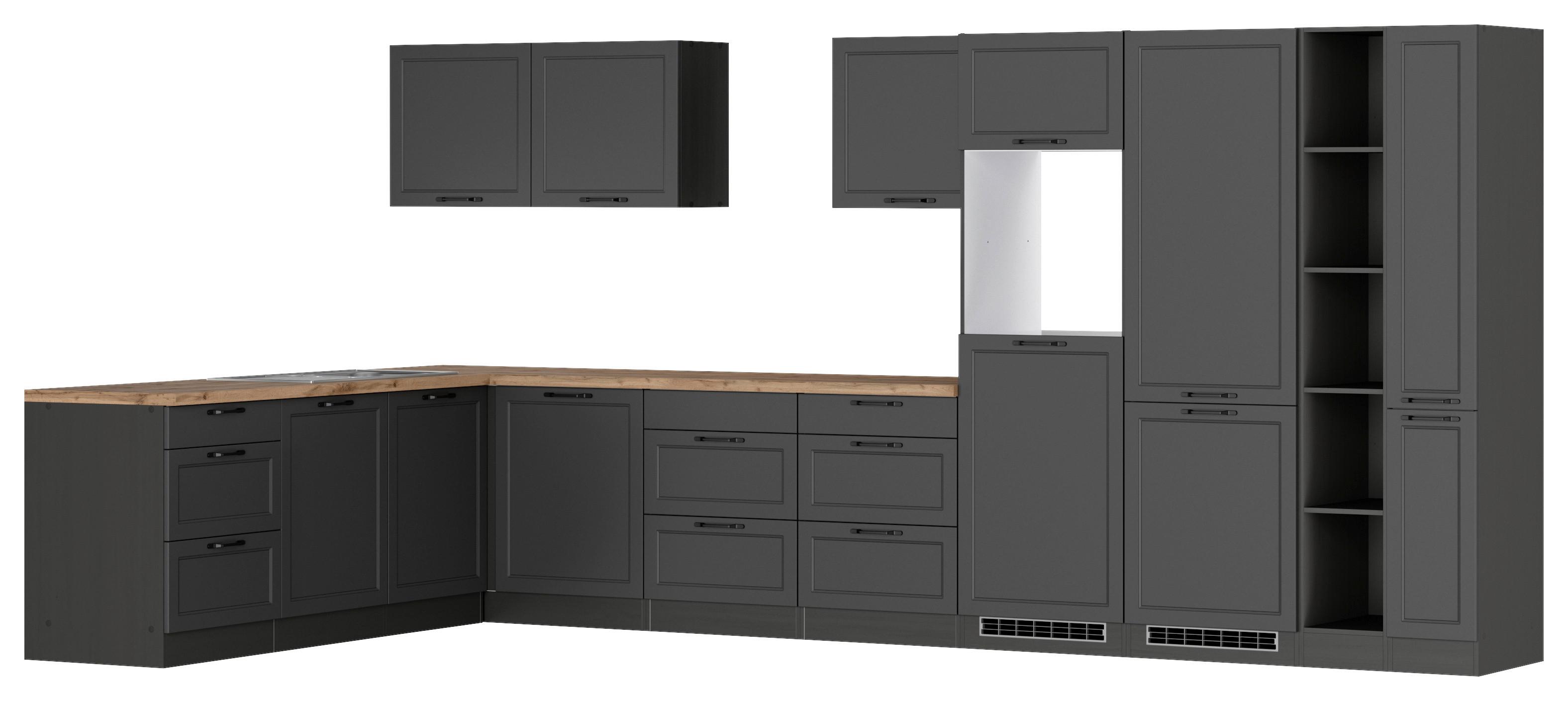 Eckküche Meran mit Geräten ca. 240x420 cm Grau/Eiche - Eiche Wotan/Schwarz, LIFESTYLE, Holzwerkstoff/Metall (240/420cm) - Held