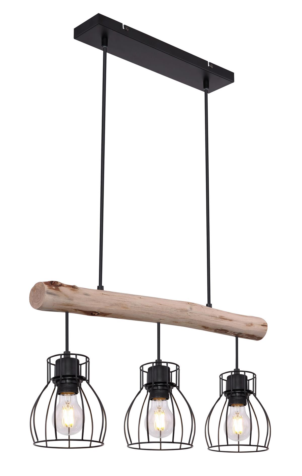 Hängeleuchte Mina Schwarz/Natur max. 25 Watt - Schwarz/Naturfarben, Natur, Holz/Metall (60/13,6/140cm) - Globo